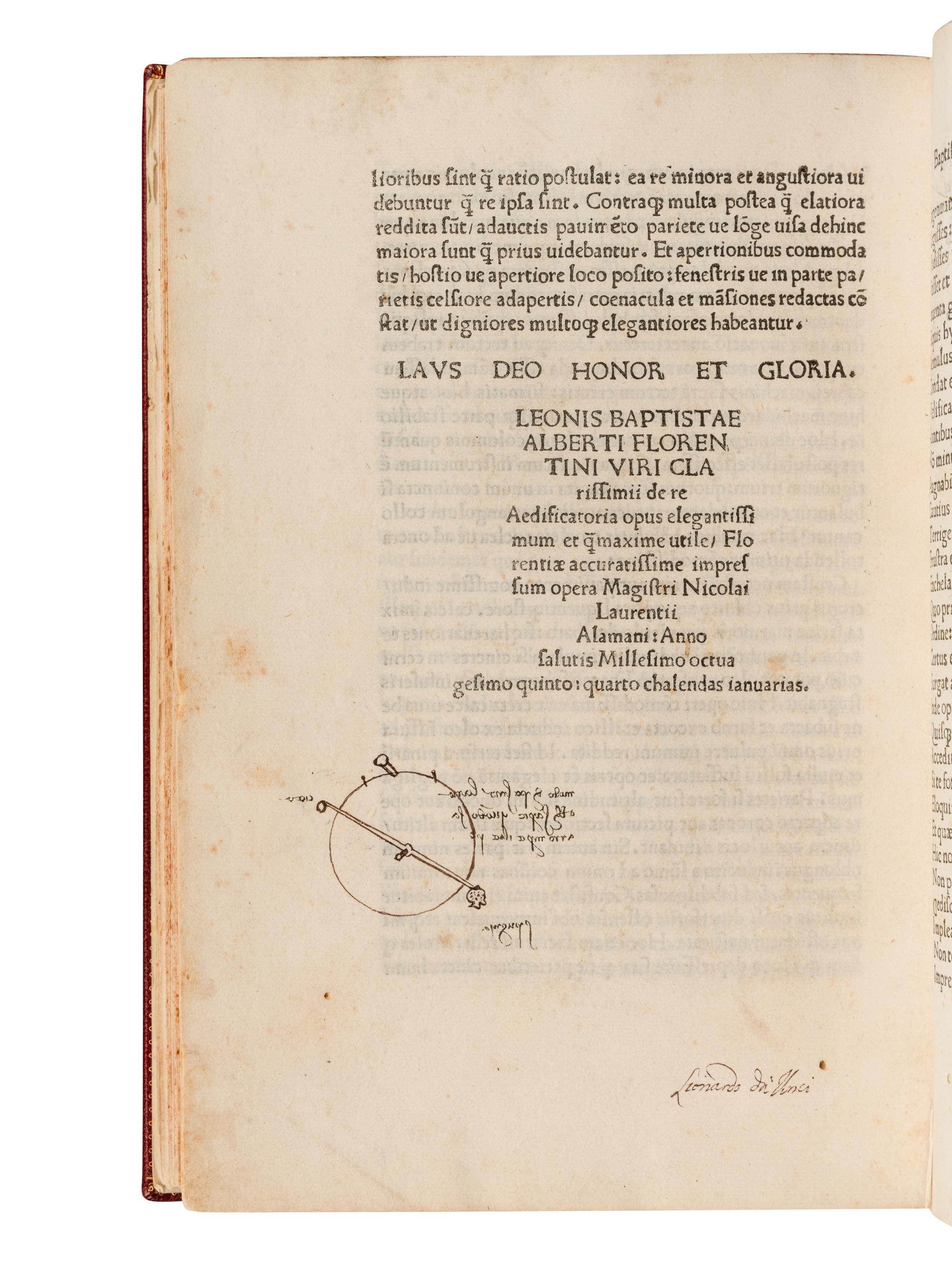 ALBERTI, Leon Battista (1404-1472). De re aedificatoria . Florence: Nicolaus Laurentii Alamanus, 29 December 1485.