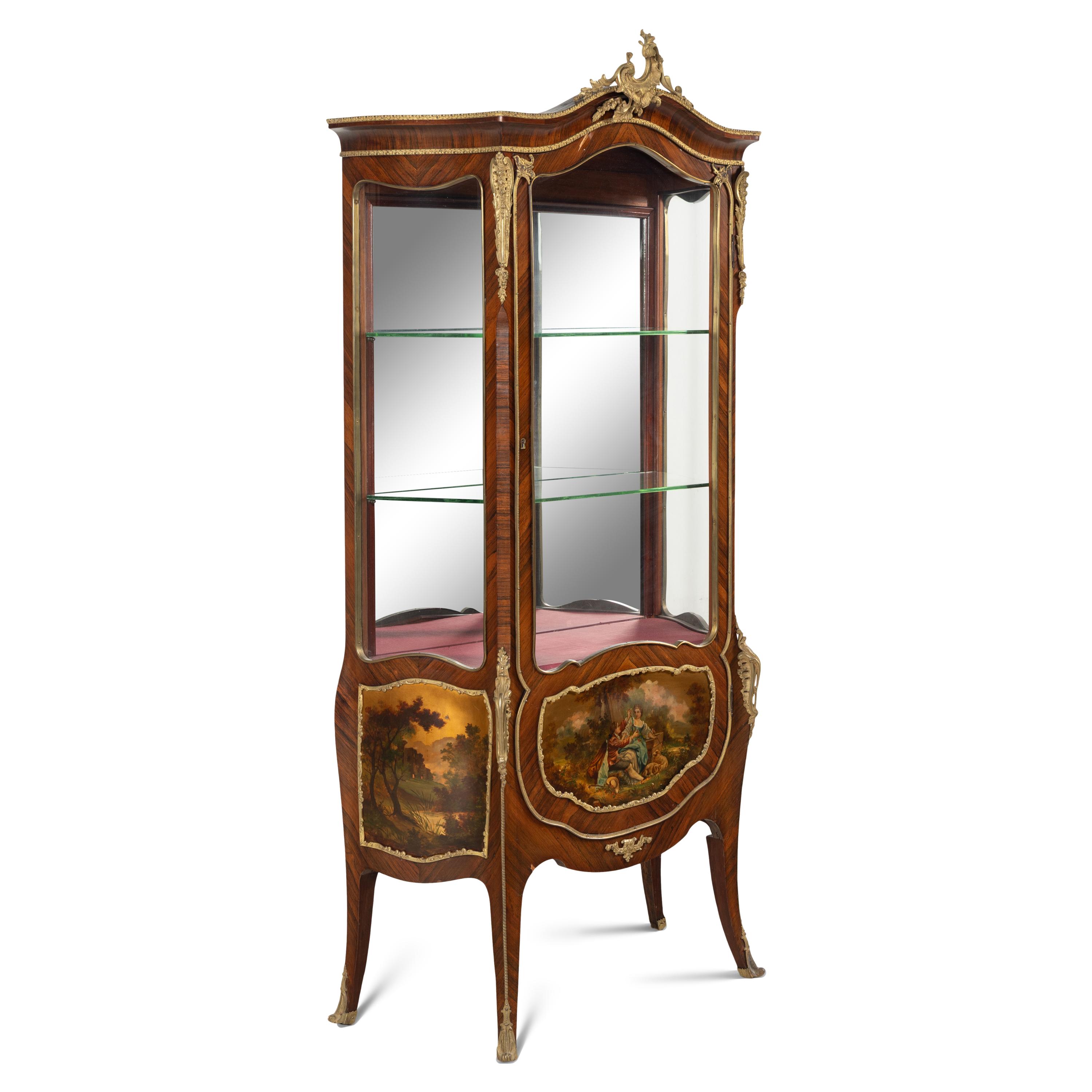 A Pair of Louis XV Style Kingwood, Vernis Martin and Gilt Bronze Mounted Vitrine Cabinets