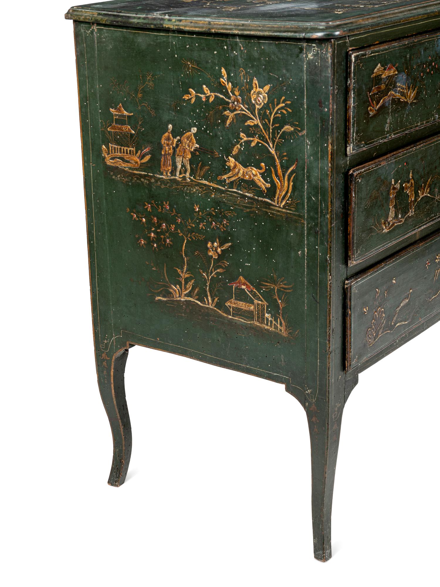 A North Italian Green Japanned Three-Drawer Commode