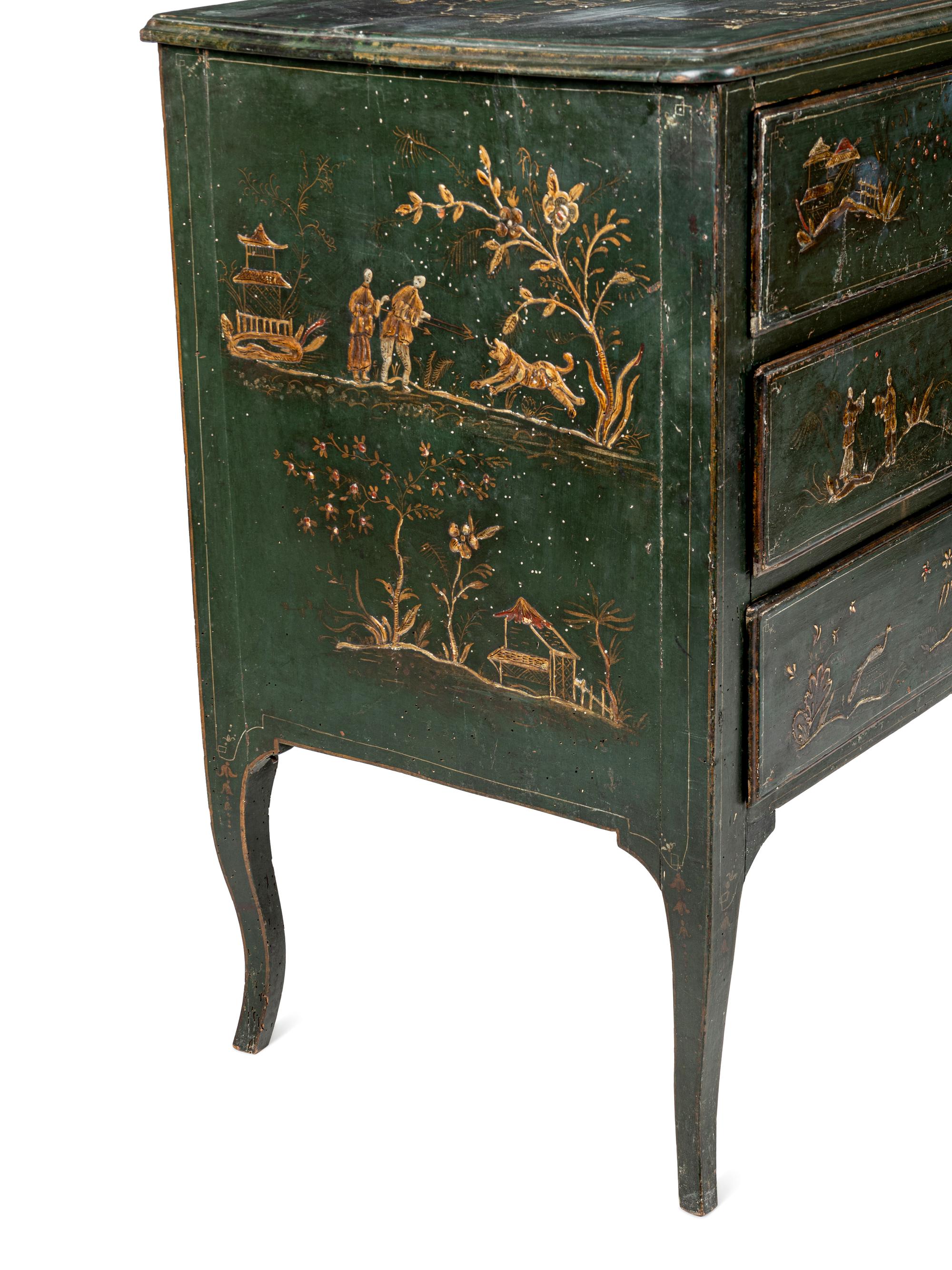 A North Italian Green Japanned Three-Drawer Commode
