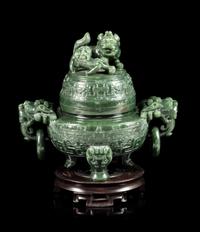 A Spinach Jade Tripod Censer Height 7 inches. — EARLY 20TH CENTURY
