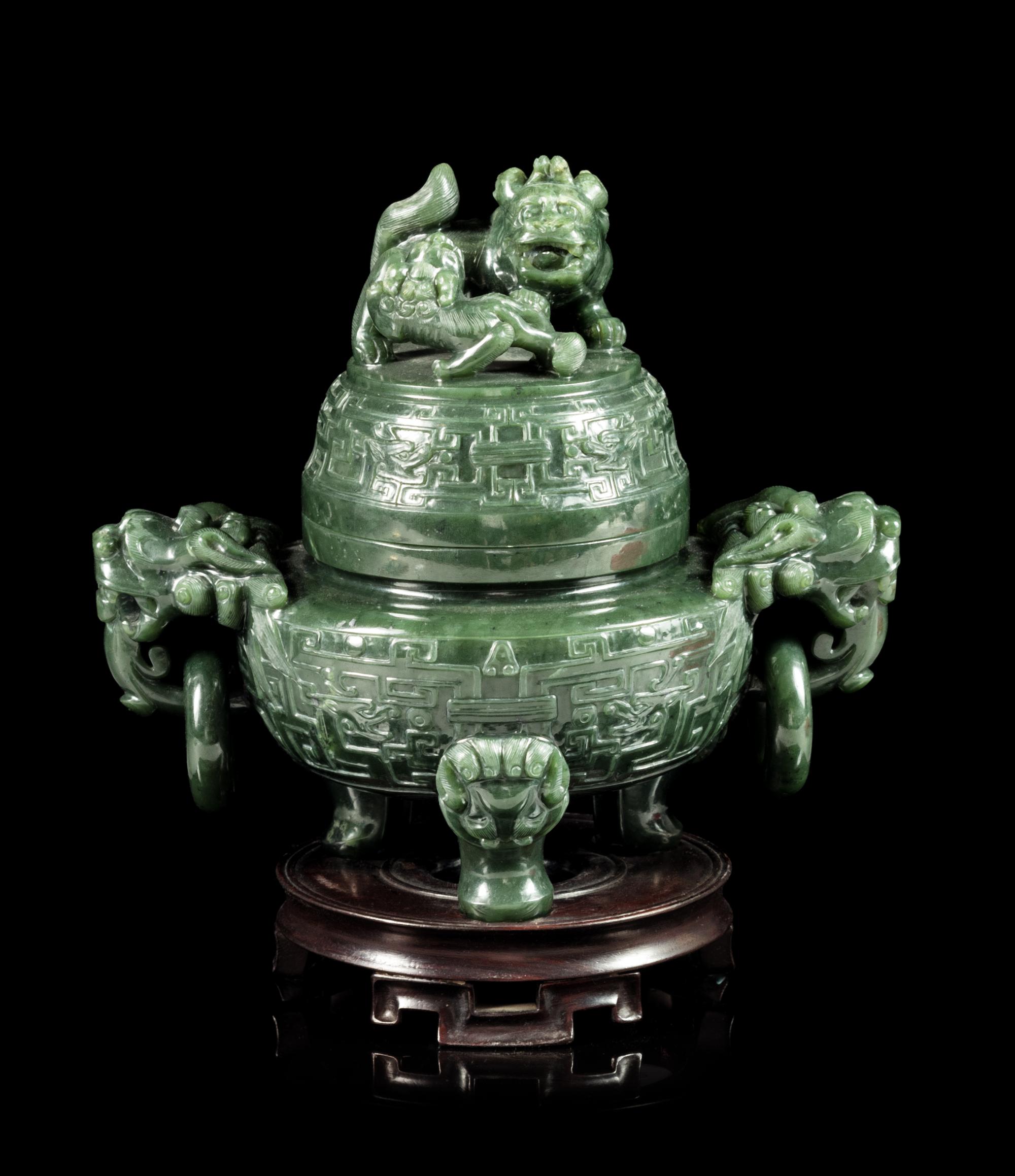 A Spinach Jade Tripod Censer Height 7 inches. — EARLY 20TH CENTURY