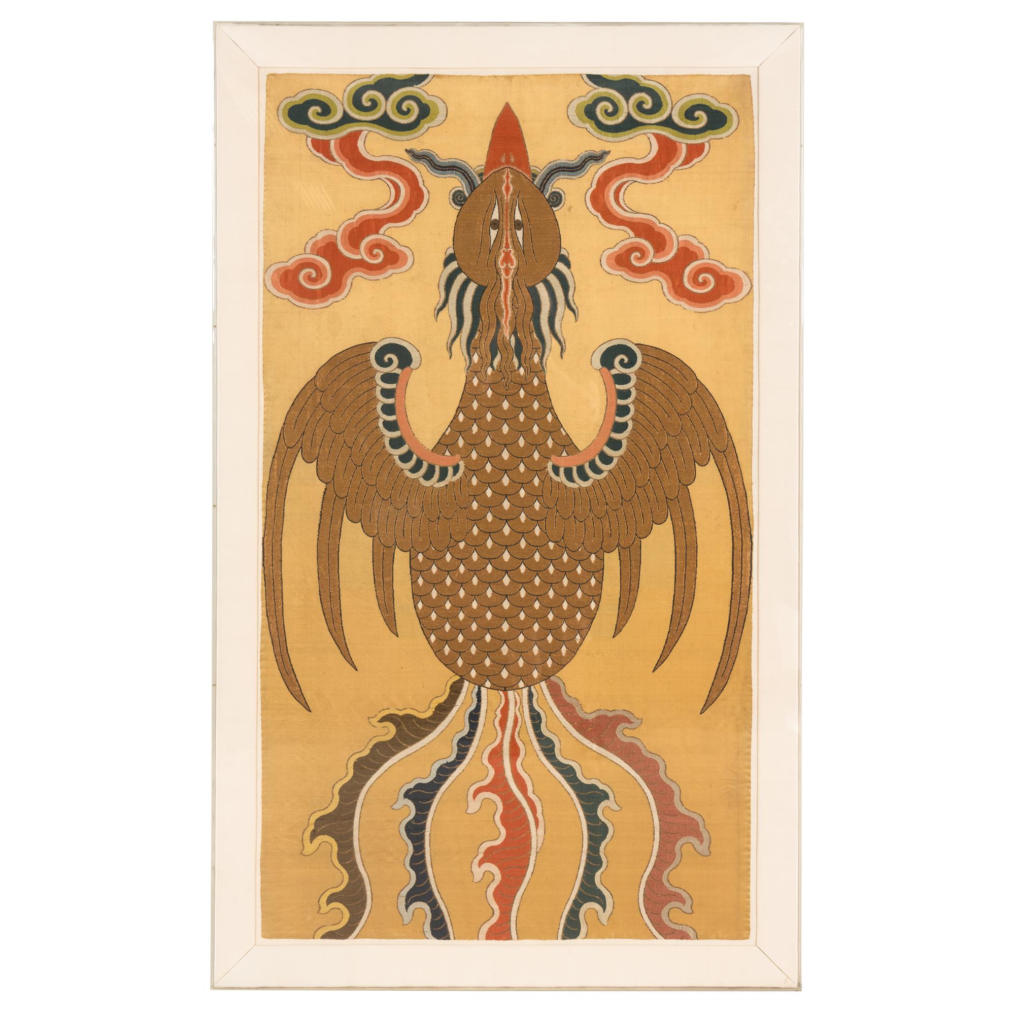 An Extremely Rare and Impressive Chinese Gold Ground Embroidered Silk 'Phoenix' Panel, Kangxi Period — 清康熙 黃地平金綉鳳凰圖