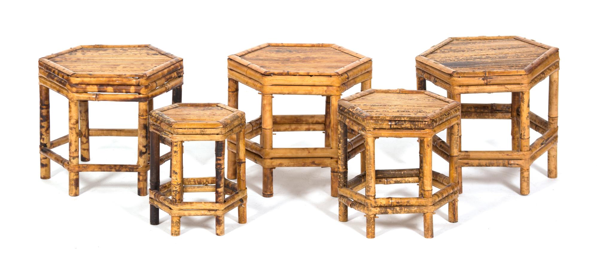 A Collection of Five Bamboo Occasional Tables of Graduated Sizes Height of largest 12 1/2 x diameter 12 1/2 inches. — 20TH CENTURY