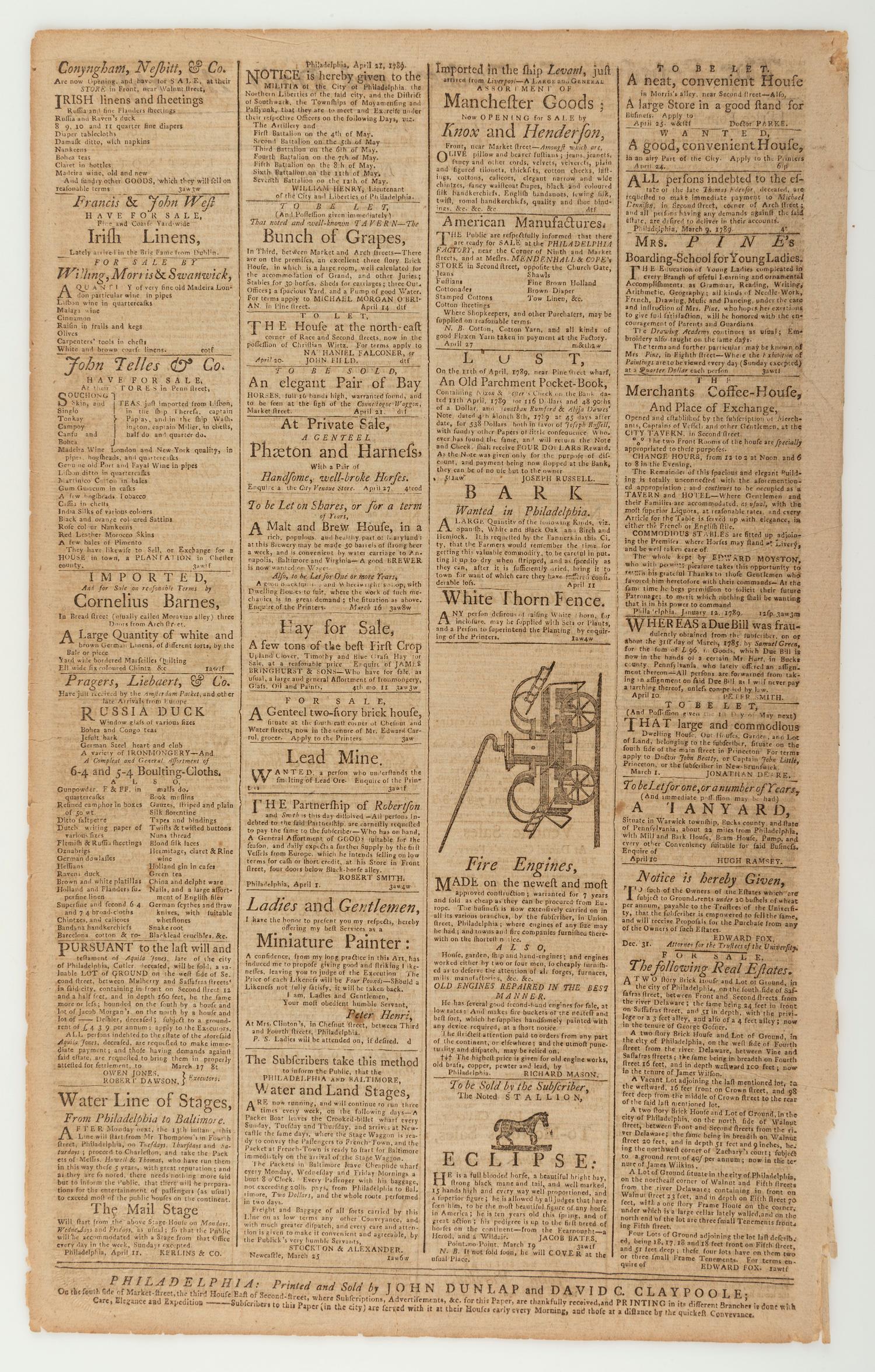 [WASHINGTON, George (1732-1799)]. The Pennsylvania Packet, and Daily Advertiser . No. 3197. Philadelphia: John Dunlap and David C. Claypoole, 30 April 1789.