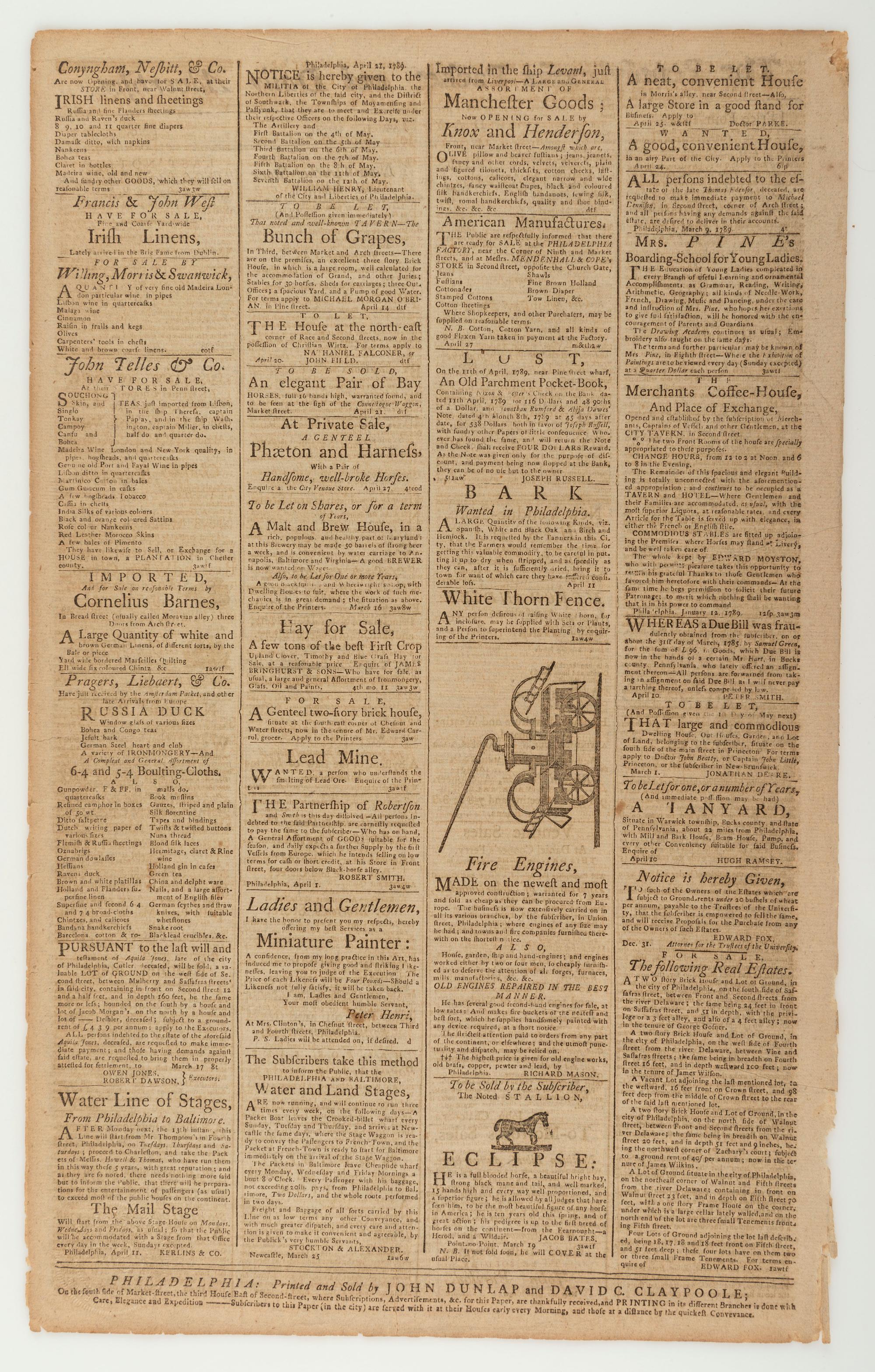 [WASHINGTON, George (1732-1799)]. The Pennsylvania Packet, and Daily Advertiser . No. 3197. Philadelphia: John Dunlap and David C. Claypoole, 30 April 1789.