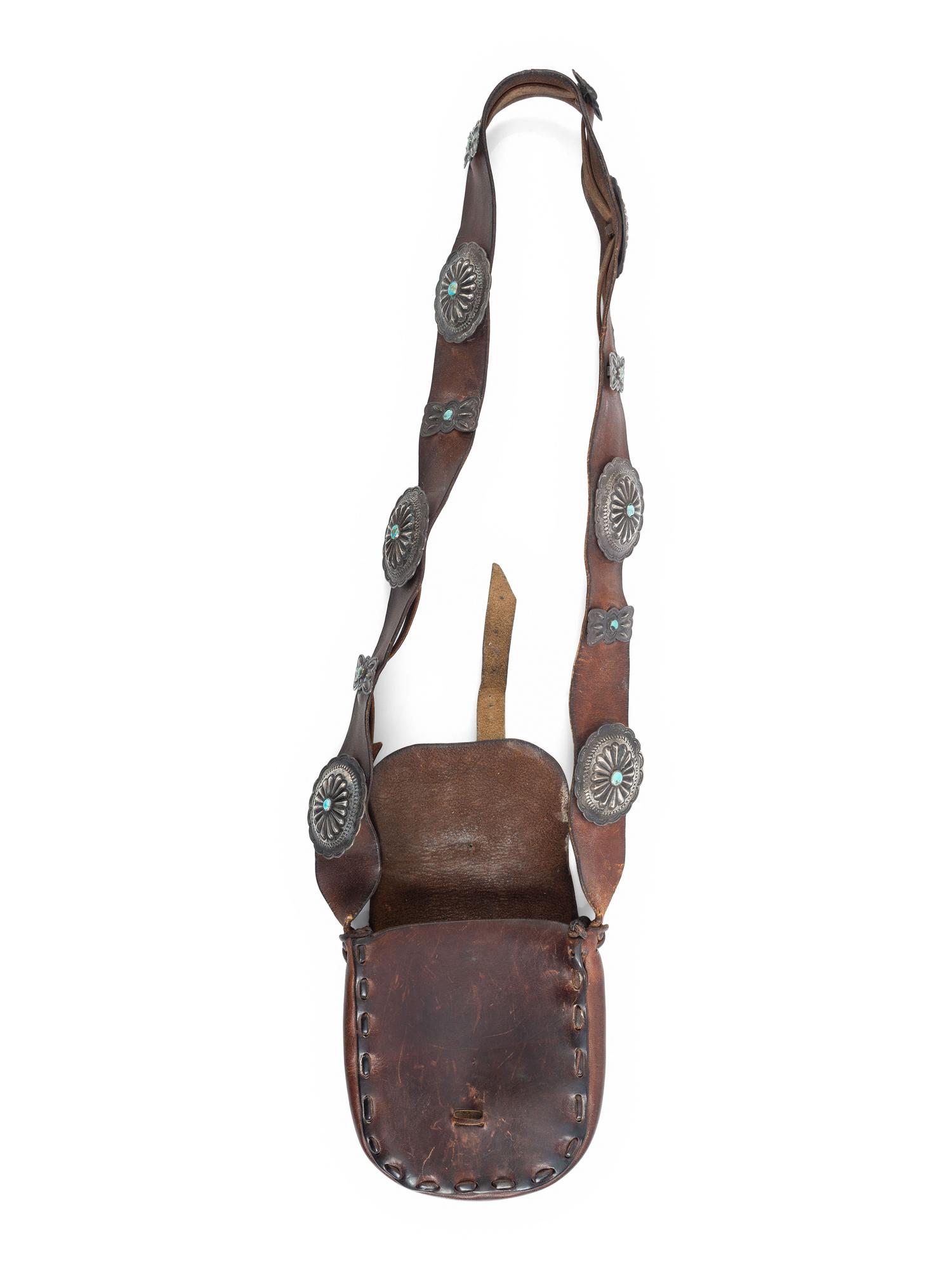 Navajo Leather Bag, with Silver and Turquoise Conchas