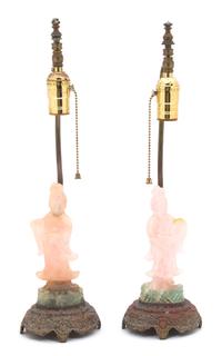 A Pair of Carved Rose and Green Quartz Lamps Height overall 18 inches, figures 7 1/2 inches. — 20TH CENTURY