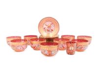 A Set of Nine Murano Parcel-Gilt and Enamel Decorated Colored Glass Dessert Bowls and Underplates