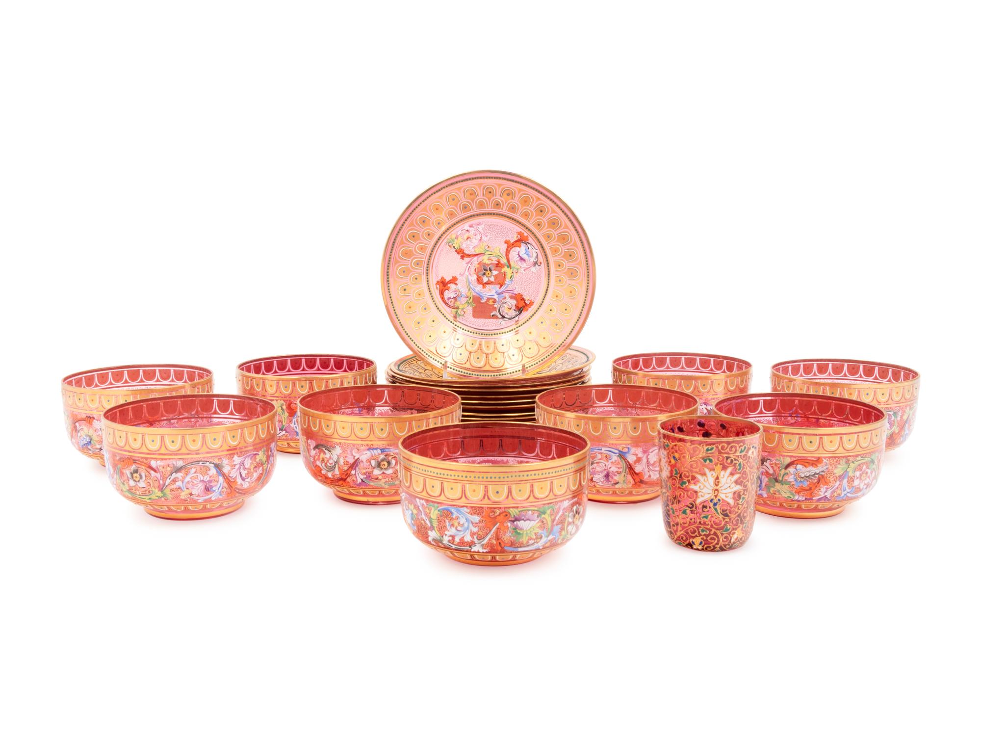 A Set of Nine Murano Parcel-Gilt and Enamel Decorated Colored Glass Dessert Bowls and Underplates