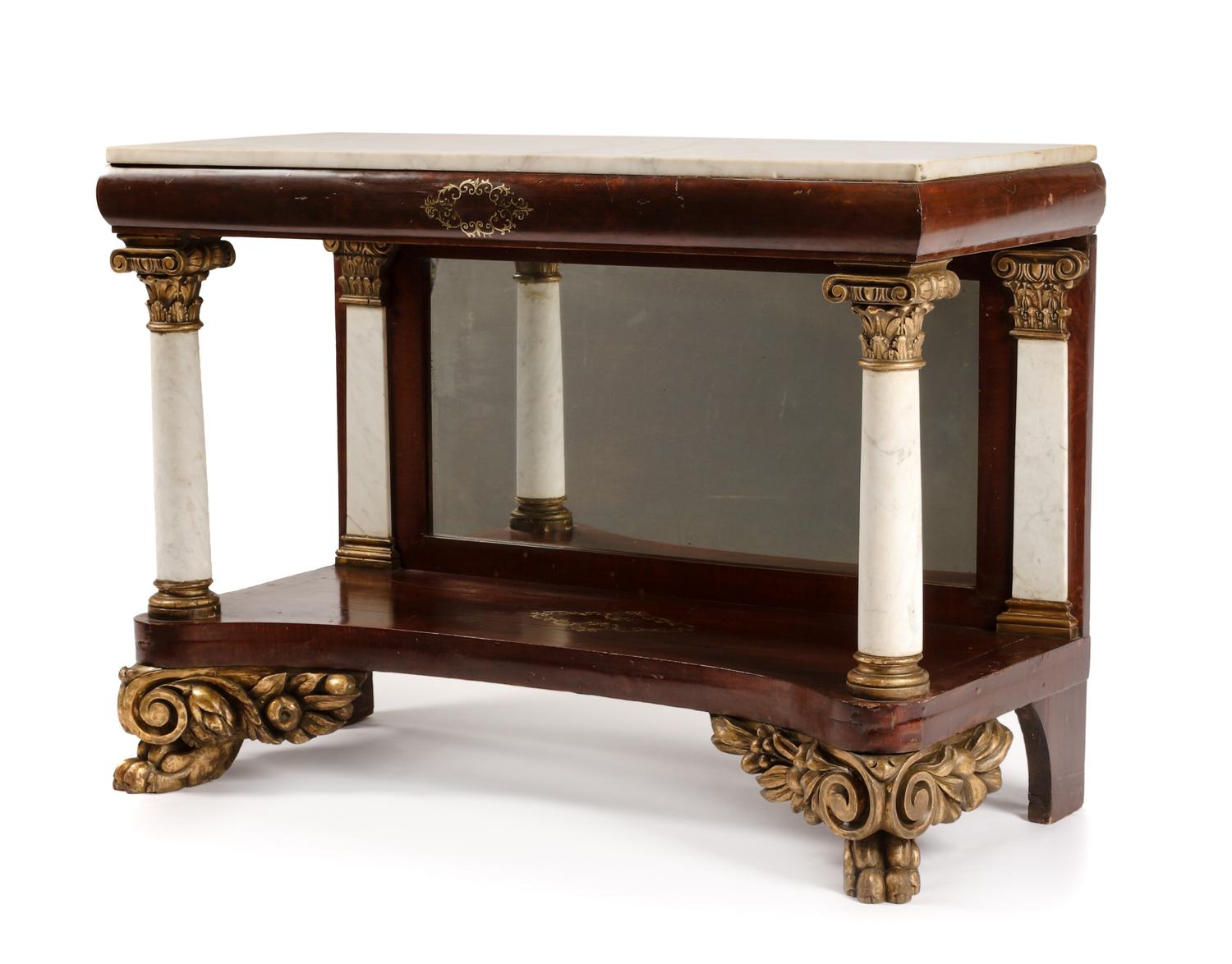 An American Classical Parcel Gilt Mahogany and Marble Pier Table Height 34 1/2 x width 48 1/4 x depth 21 inches. — MID-19TH CENTURY