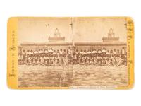 [NATIVE AMERICANS]. FLANDERS, D.P., photographer. Stereoview of Papago School of San Xavier. Tucson, Arizona. [Ca 1874].