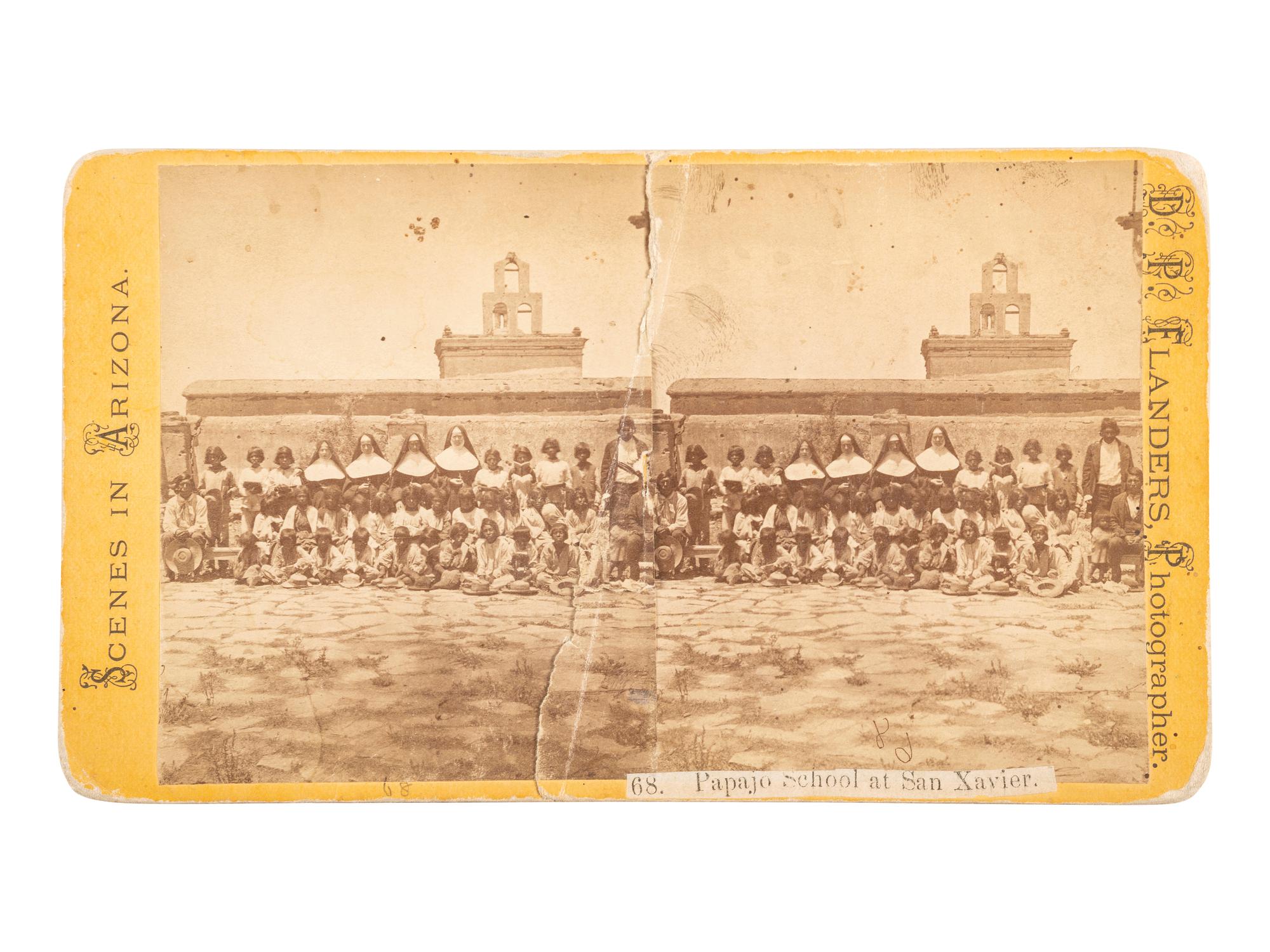 [NATIVE AMERICANS]. FLANDERS, D.P., photographer. Stereoview of Papago School of San Xavier. Tucson, Arizona. [Ca 1874].