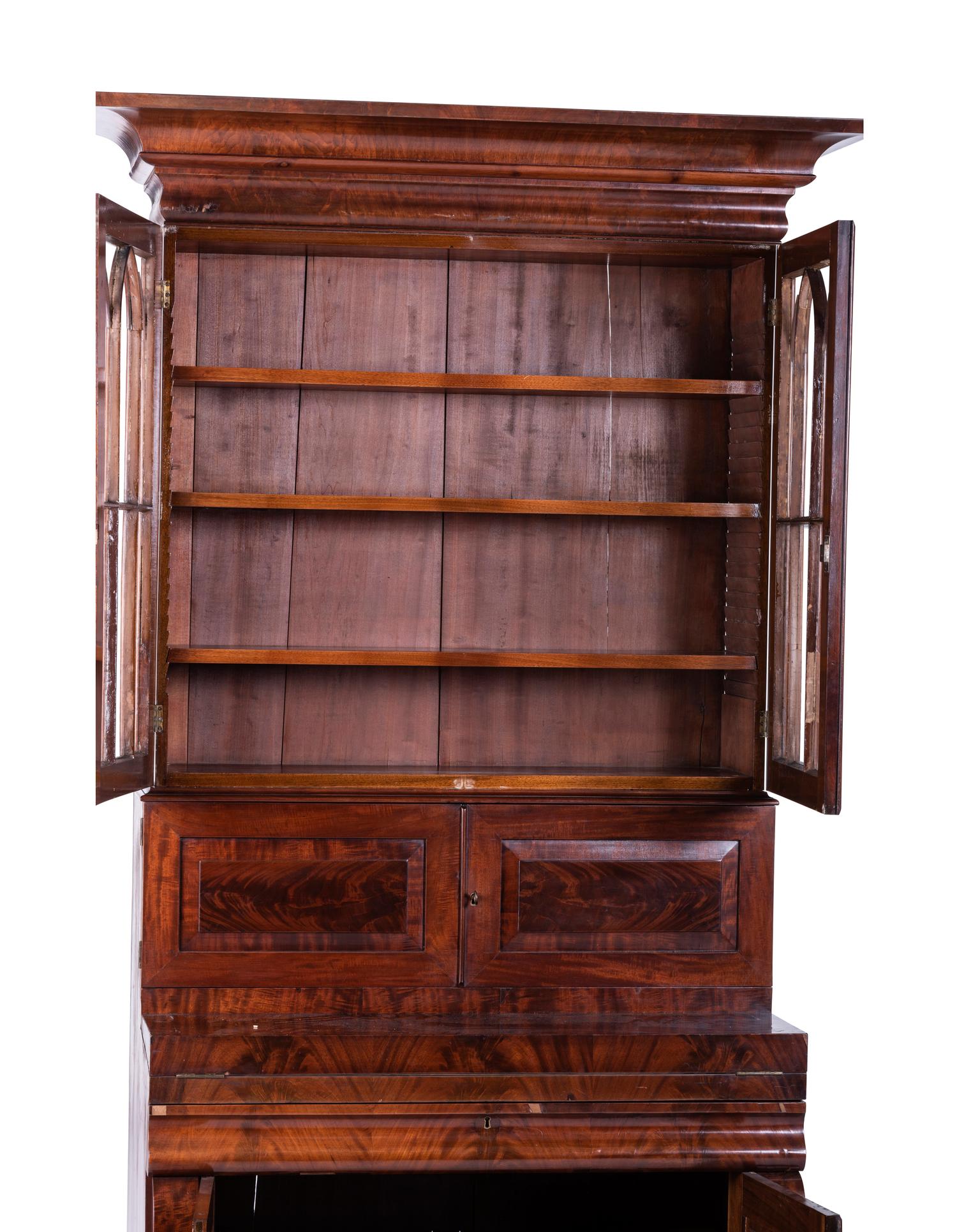 A Classical Figured Mahogany Secretary Bookcase