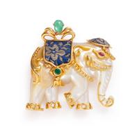 MOTHER-OF-PEARL, MULTIGEM, AND YELLOW GOLD ELEPHANT BROOCH