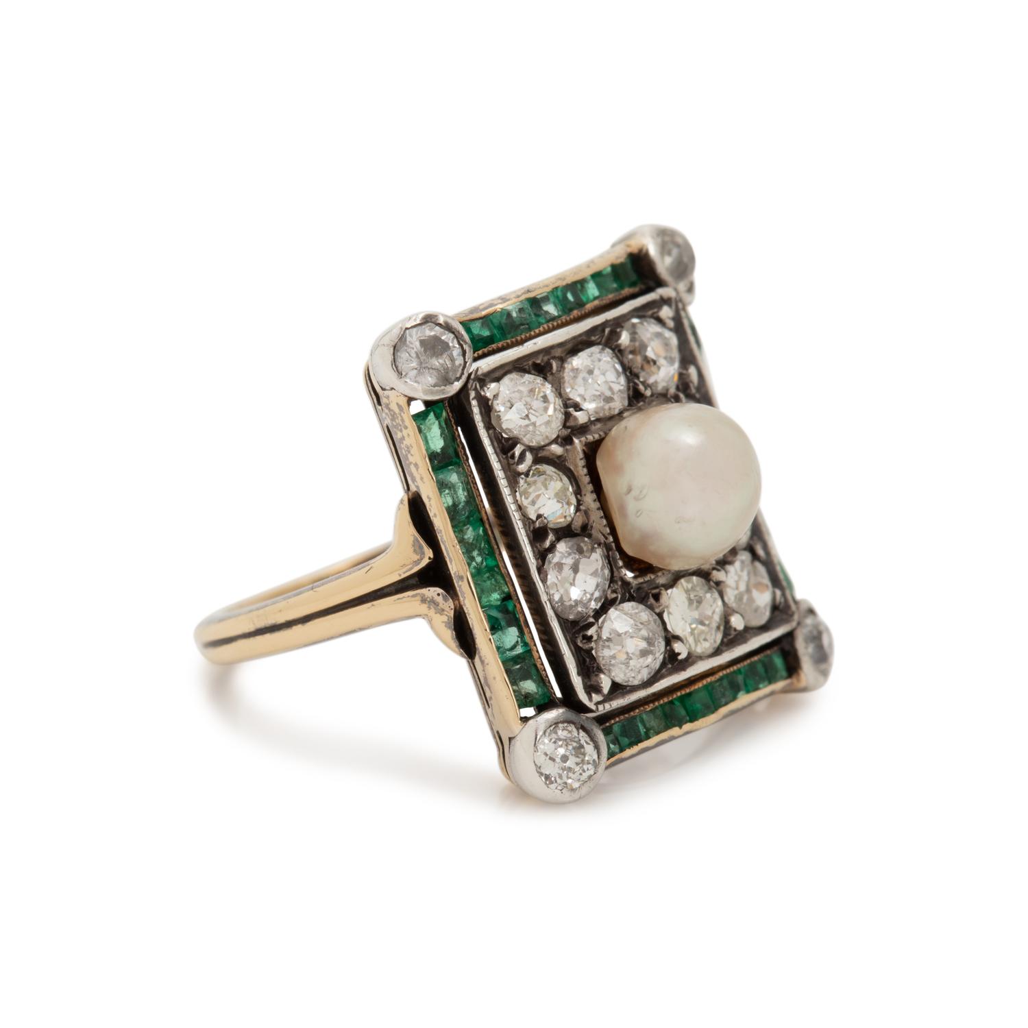 ANTIQUE, PEARL, DIAMOND AND EMERALD RING