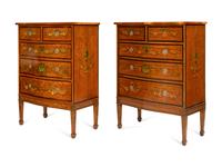 A Pair of Edwardian Paint-Decorated Satinwood Five-Drawer Chests