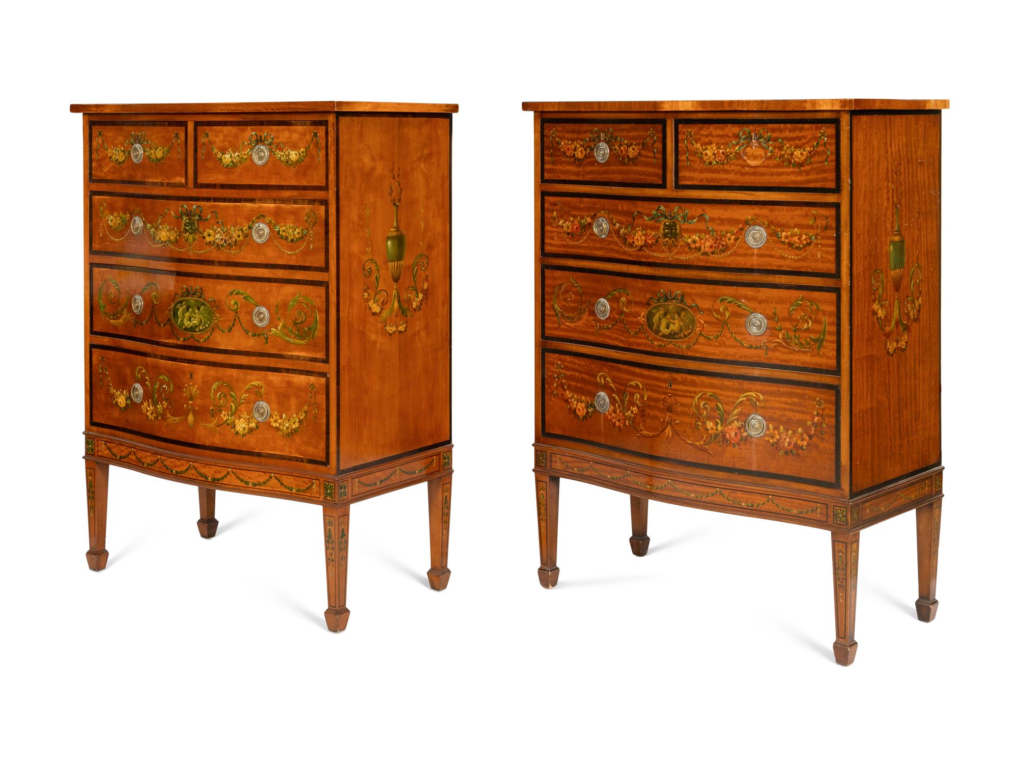 A Pair of Edwardian Paint-Decorated Satinwood Five-Drawer Chests