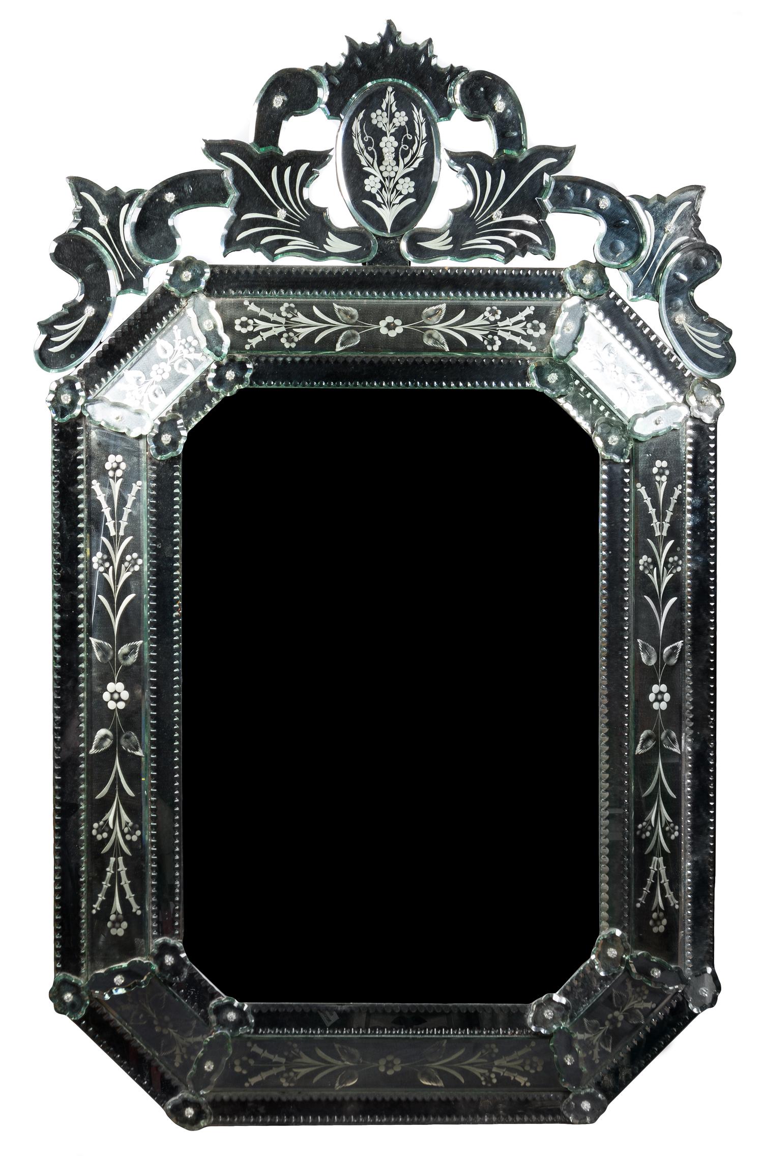 A Venetian Etched Glass Over-Mantel Mirror Height 63 inches.