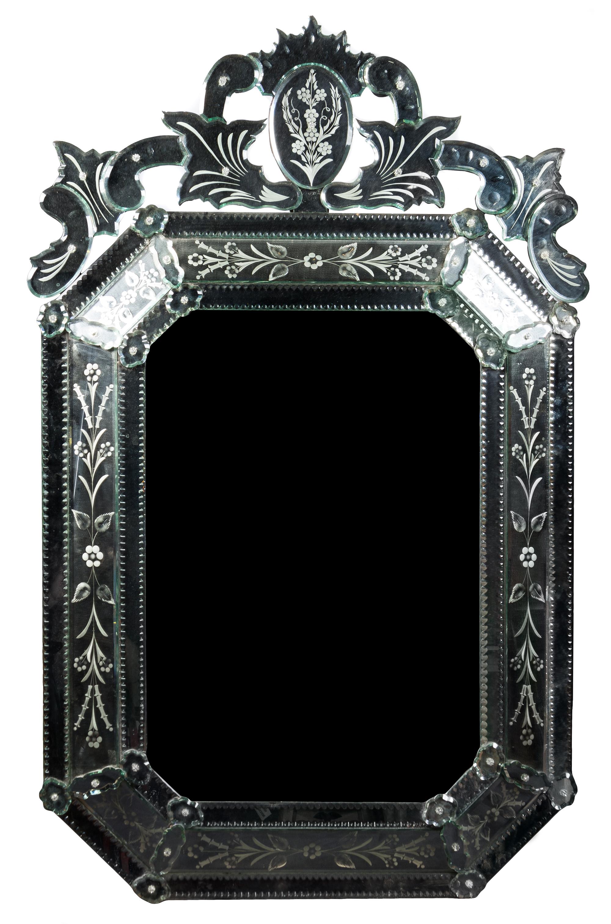A Venetian Etched Glass Over-Mantel Mirror Height 63 inches.
