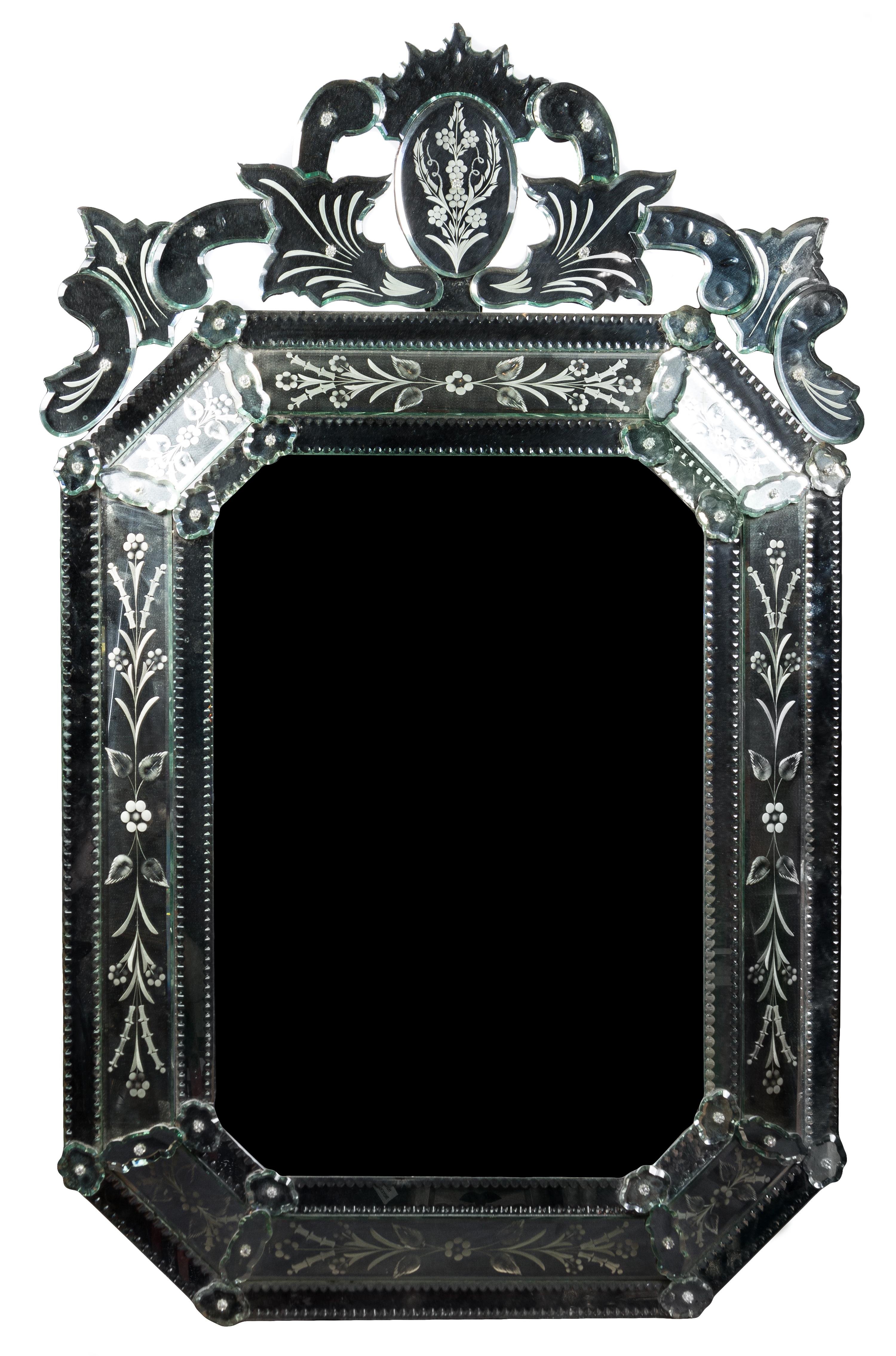 A Venetian Etched Glass Over-Mantel Mirror Height 63 inches.
