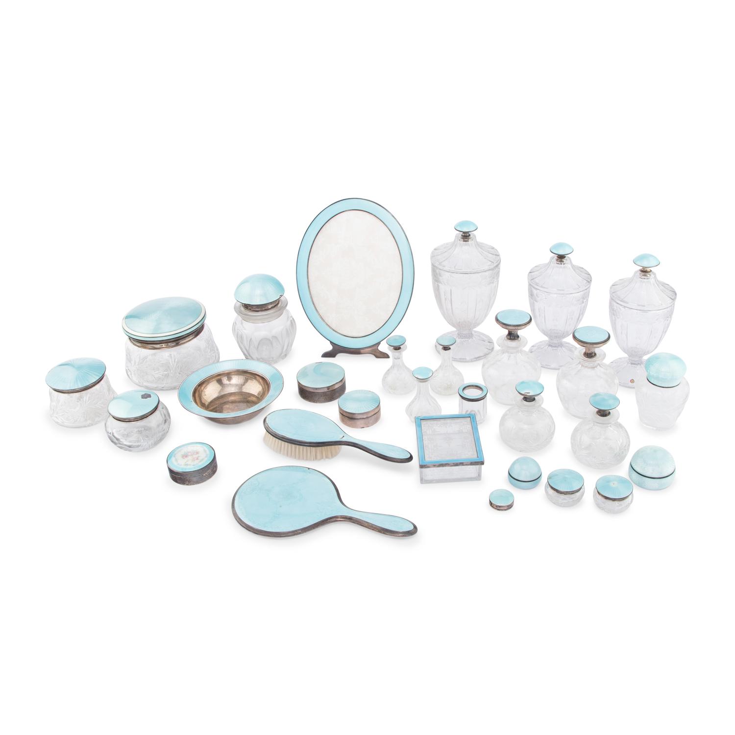 An Assembled American Guilloche Enameled Silver and Cut Glass Dressing Set