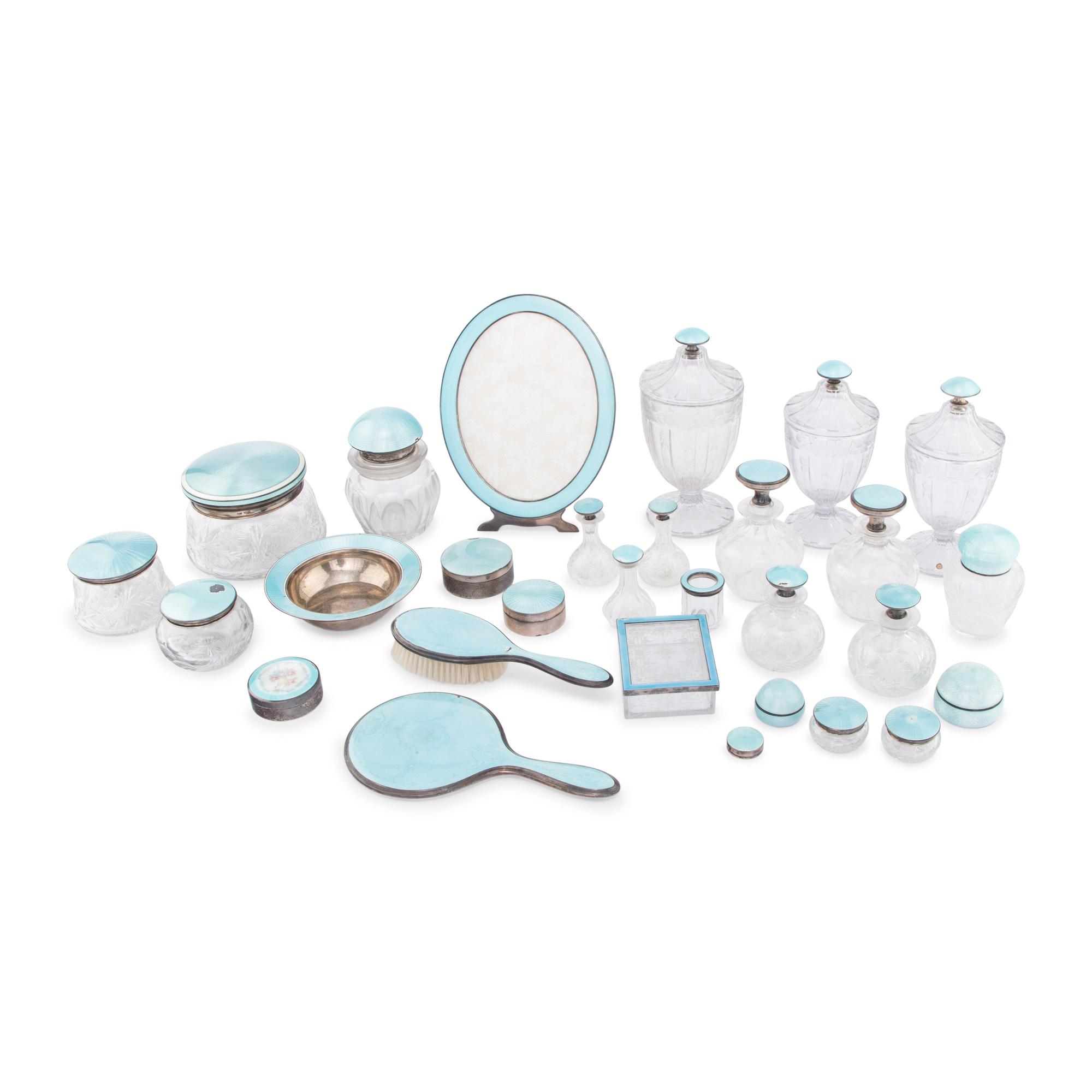 An Assembled American Guilloche Enameled Silver and Cut Glass Dressing Set