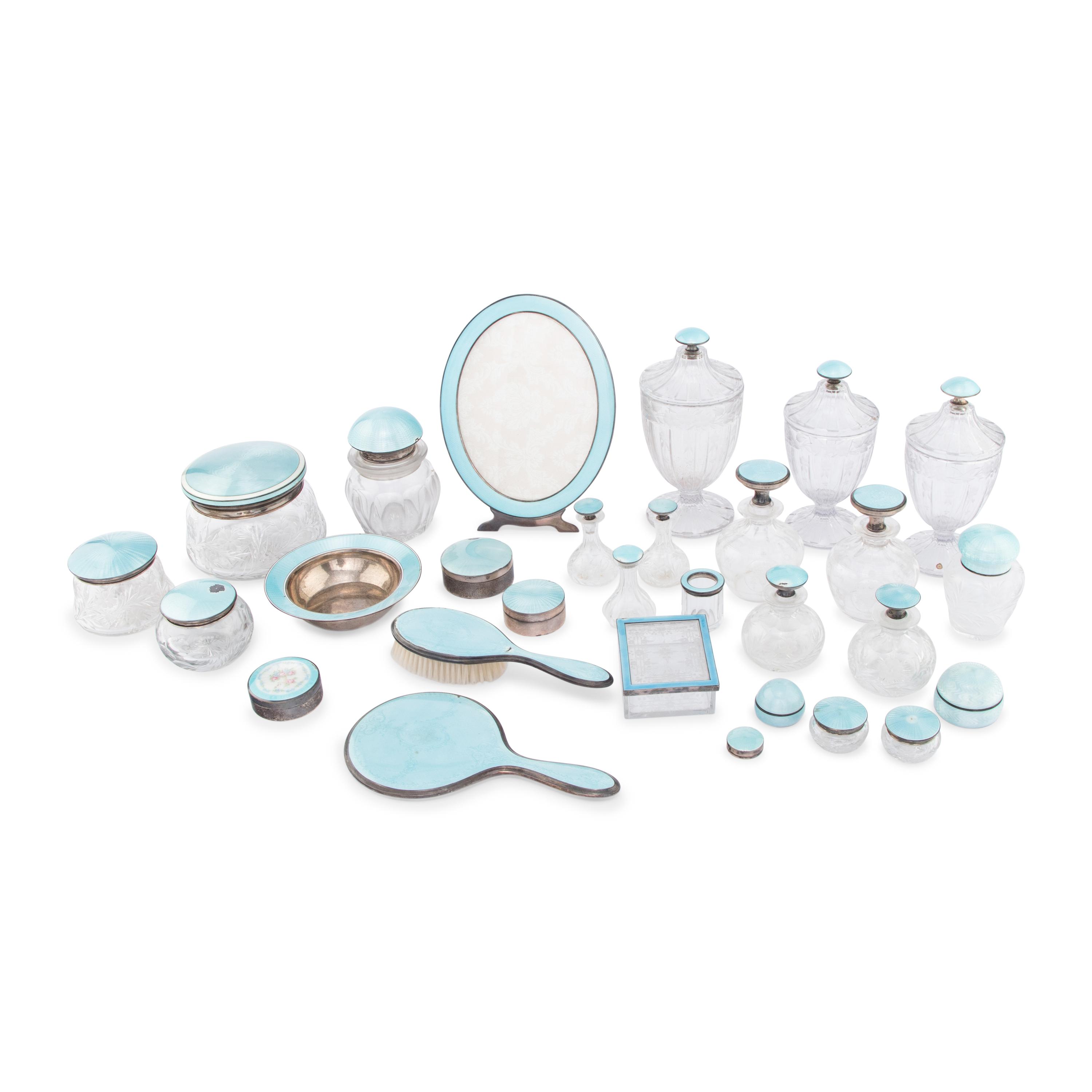 An Assembled American Guilloche Enameled Silver and Cut Glass Dressing Set