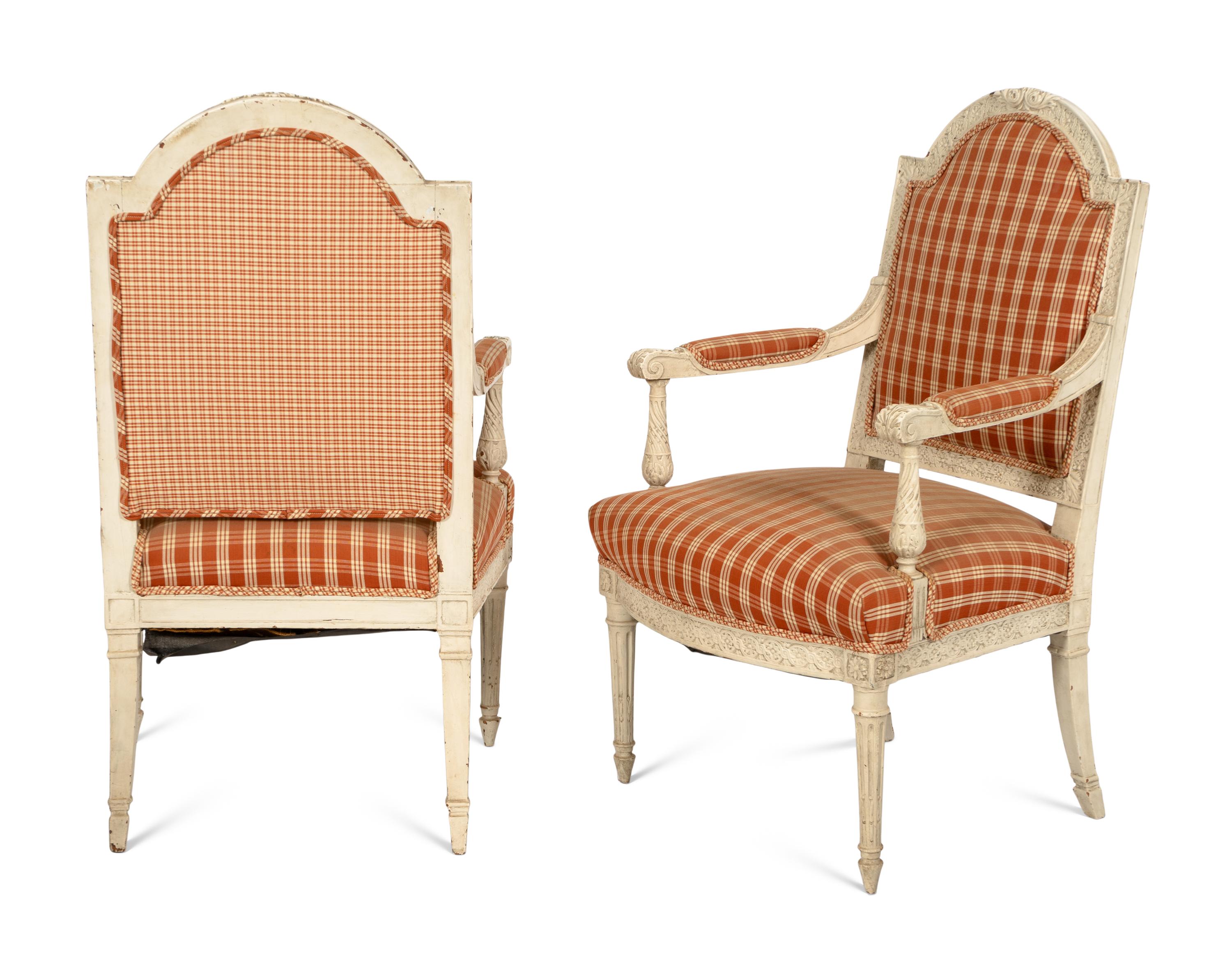 A Pair of Louis XVI Style Cream-Painted Fauteuils