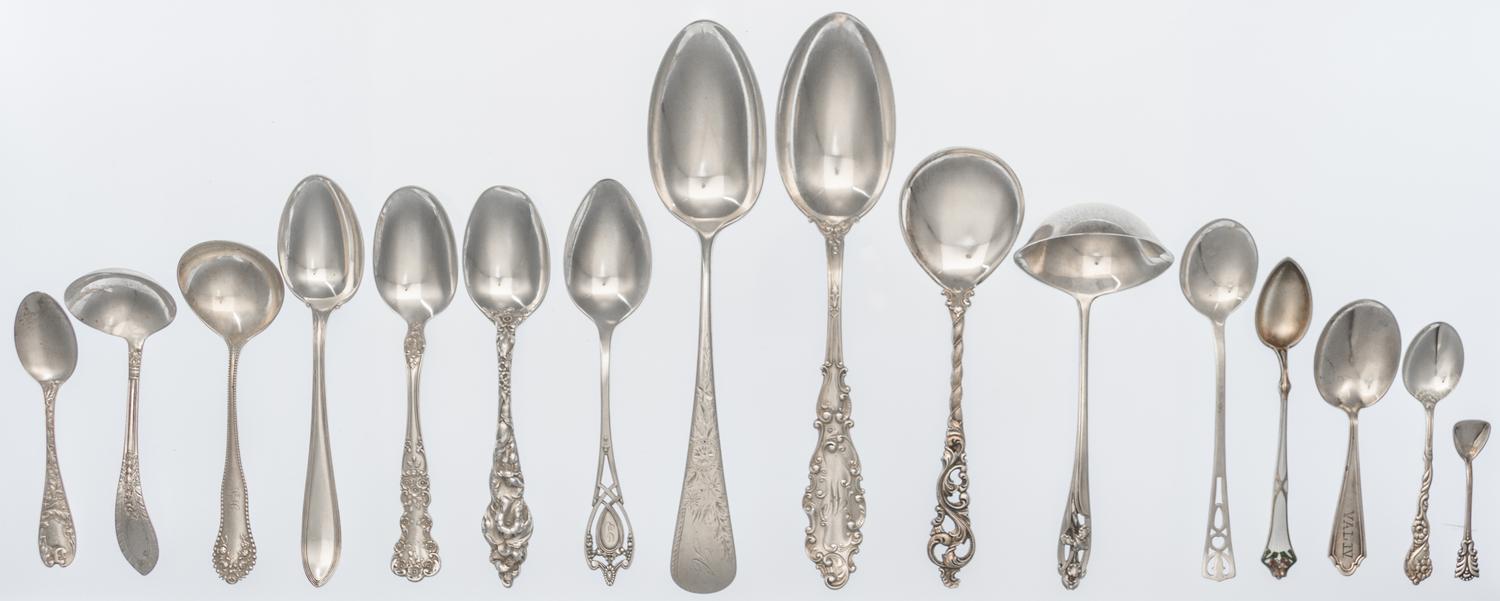 A Collection of American Silver Spoons and Ladles, various makers, comprising six Gorham soup spoons, 26 teaspoons, nine ladles, eight