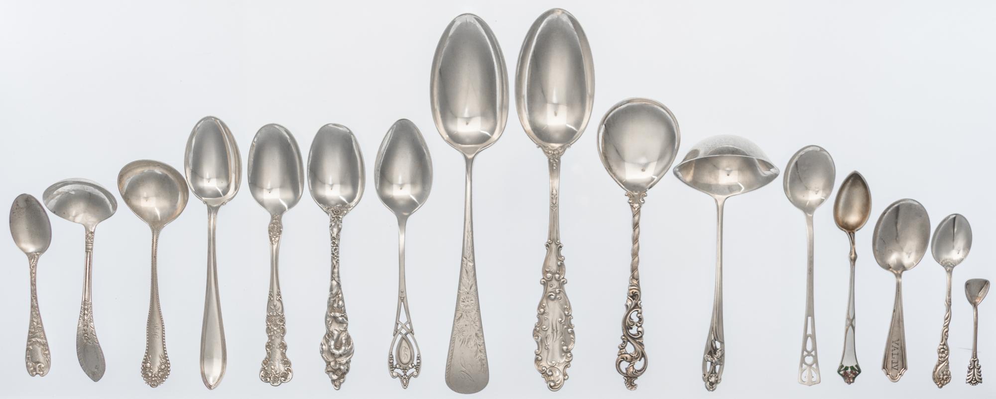 A Collection of American Silver Spoons and Ladles, various makers, comprising six Gorham soup spoons, 26 teaspoons, nine ladles, eight