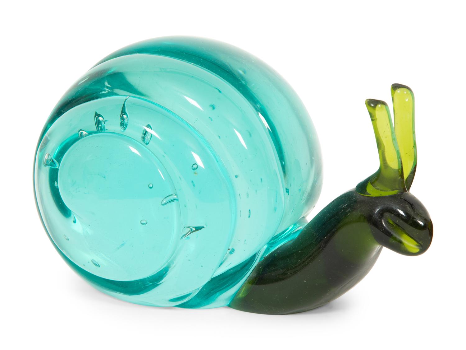 Two Murano Colored Glass Snails and a Gilt Metal Snail-Form Ashtray