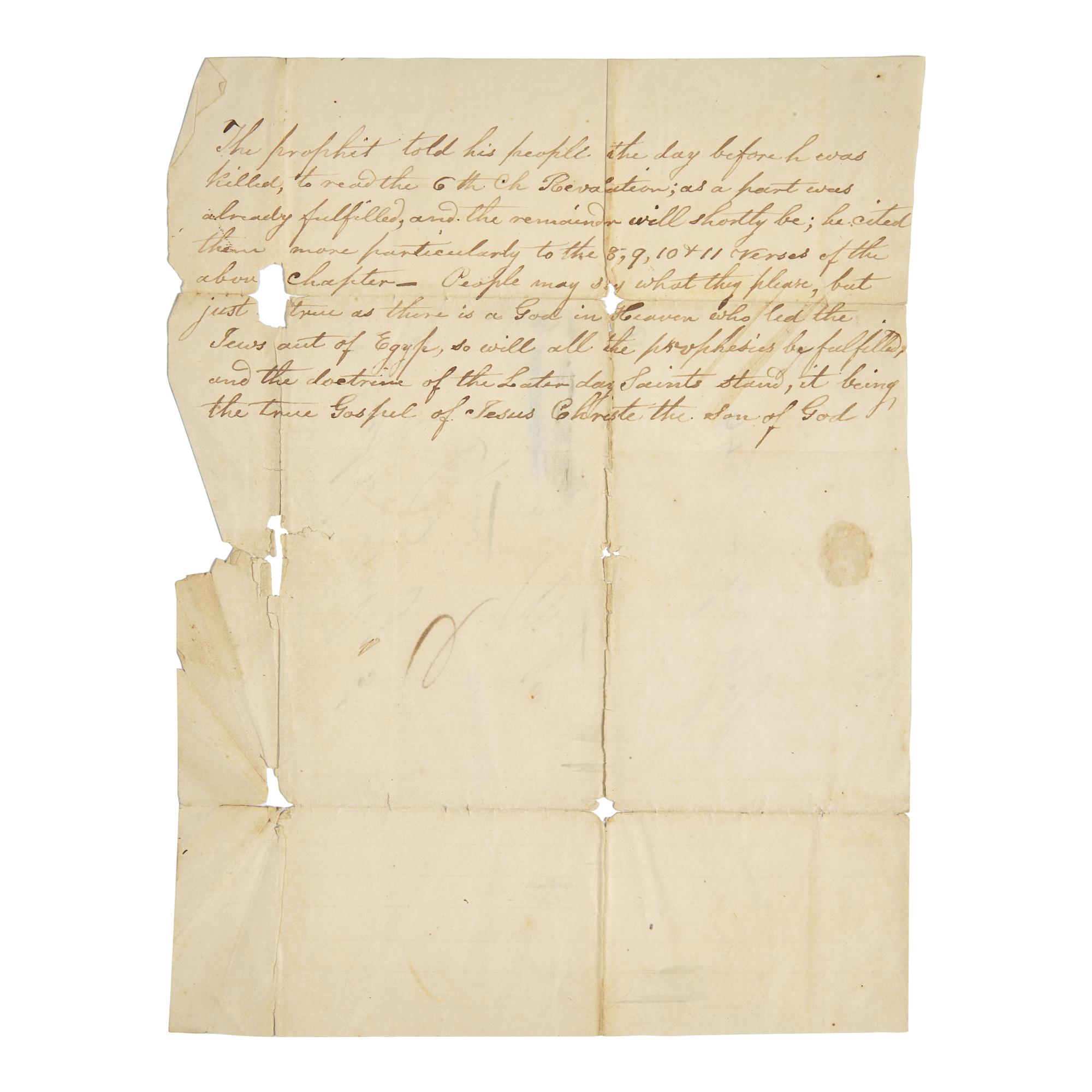 [Mormonism] A Unique Contemporary Manuscript Account of Joseph Smith's Final Words to His Followers, the Day Before his Violent Death, on the Interior of a Postal Cover