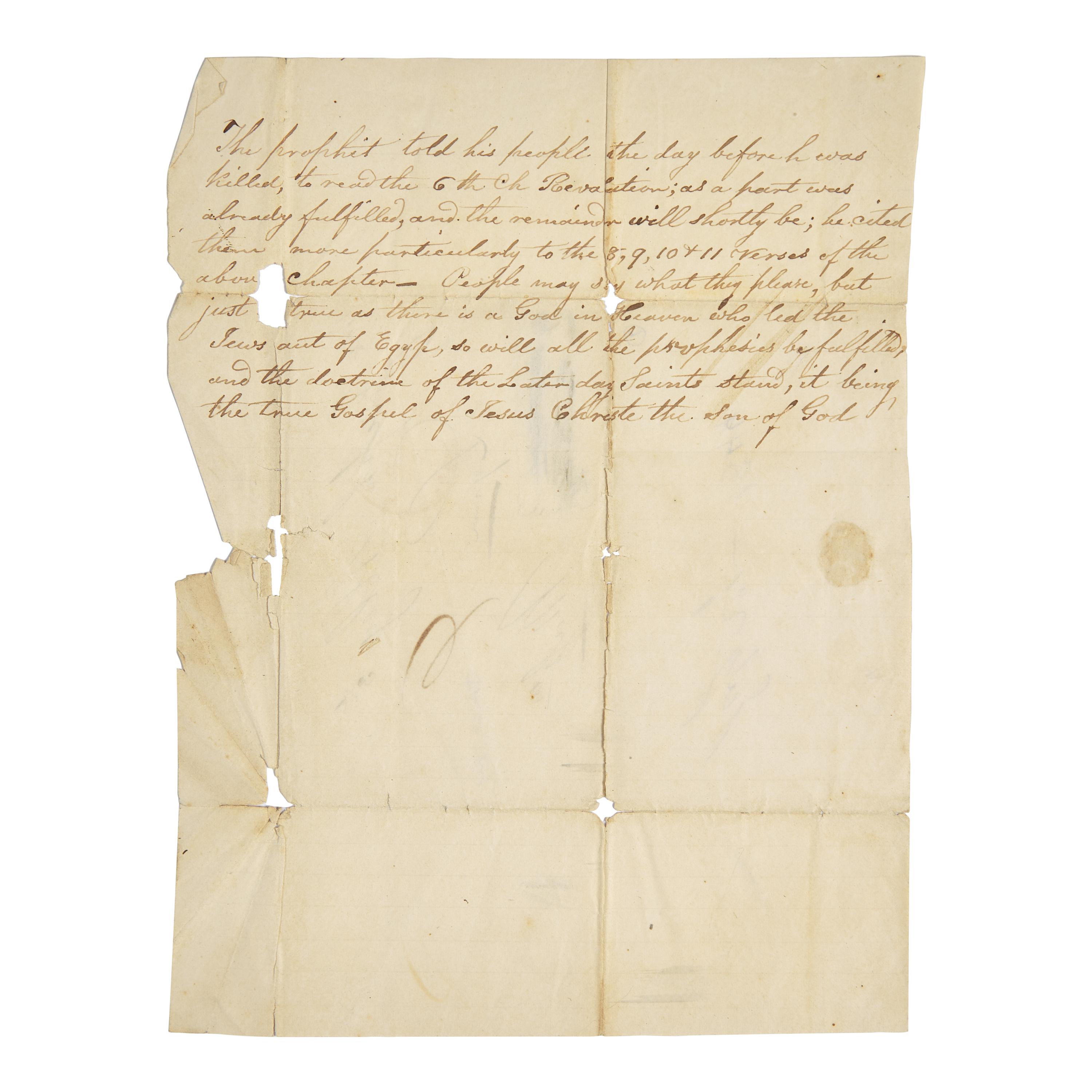 [Mormonism] A Unique Contemporary Manuscript Account of Joseph Smith's Final Words to His Followers, the Day Before his Violent Death, on the Interior of a Postal Cover