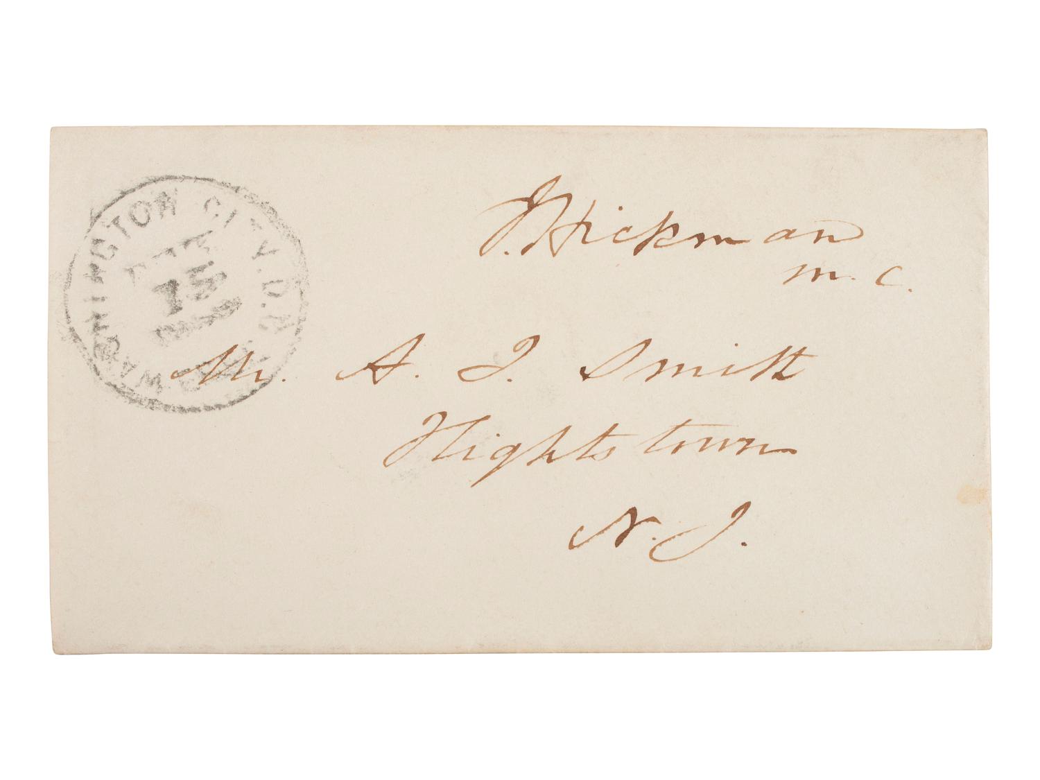 LINCOLN, Abraham (1809-1865). CDV of beardless Lincoln signed on verso "A Lincoln" with original cover addressed in Lincoln's hand, dated 10 April 1861.