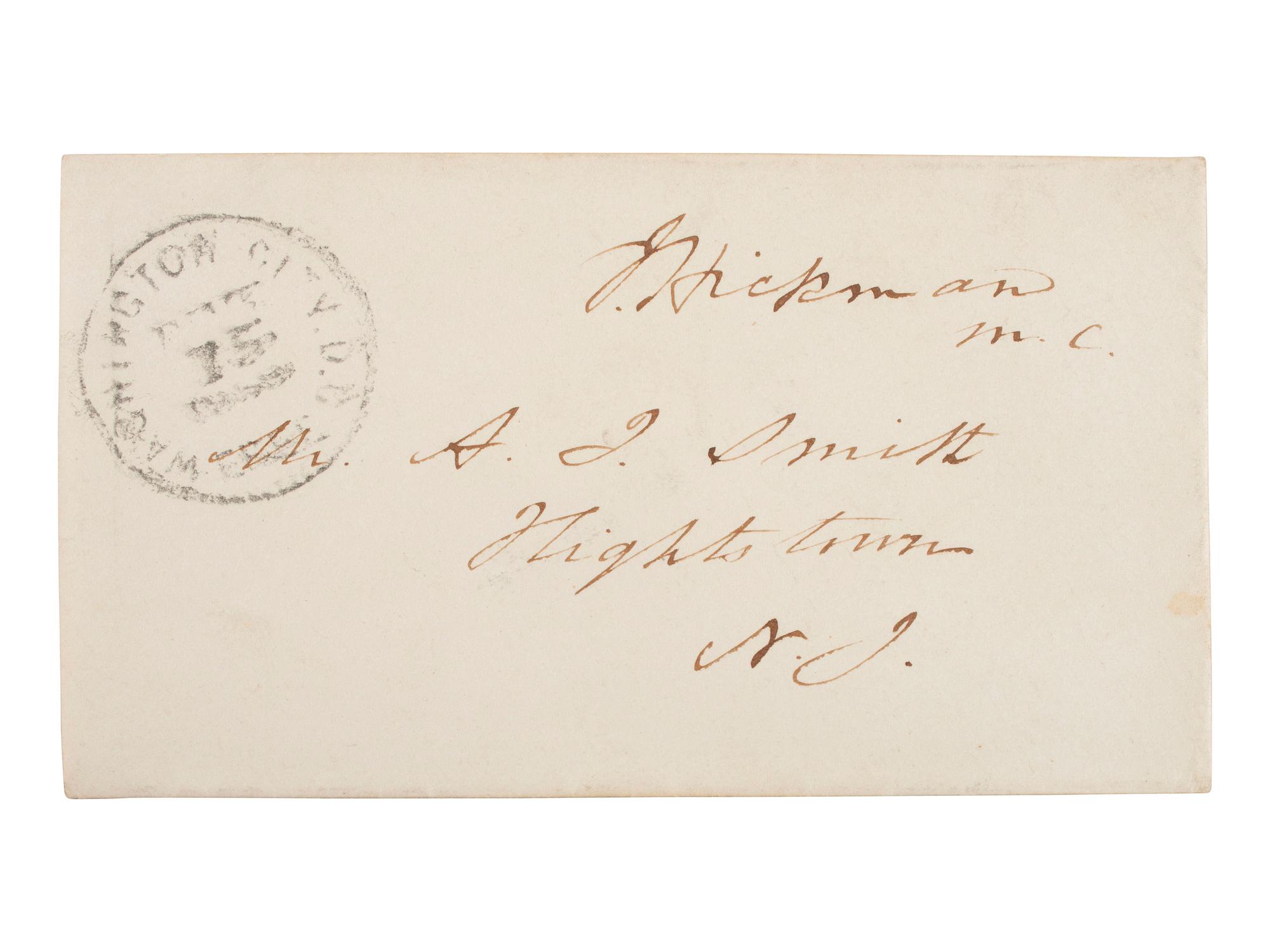LINCOLN, Abraham (1809-1865). CDV of beardless Lincoln signed on verso "A Lincoln" with original cover addressed in Lincoln's hand, dated 10 April 1861.