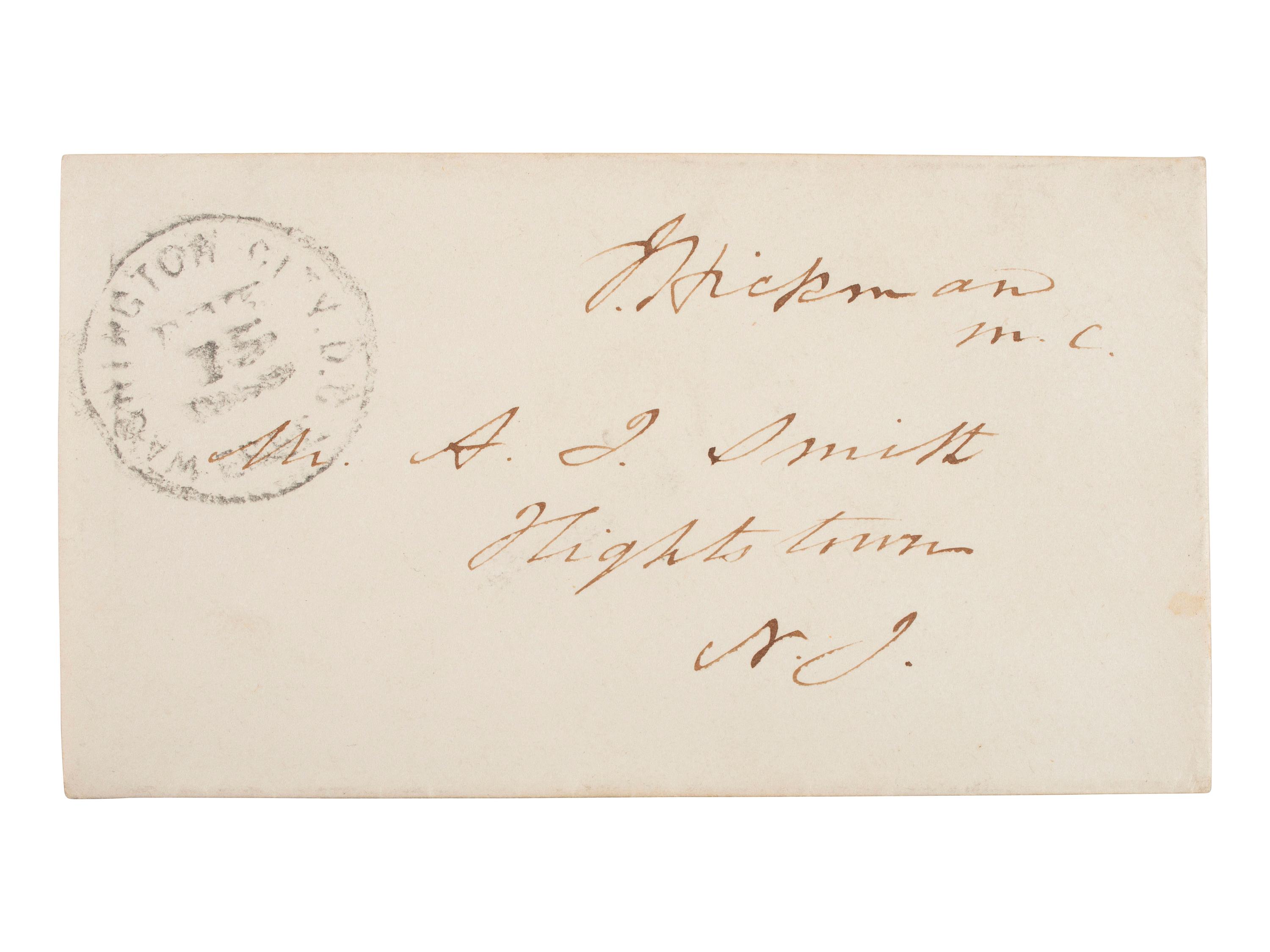 LINCOLN, Abraham (1809-1865). CDV of beardless Lincoln signed on verso "A Lincoln" with original cover addressed in Lincoln's hand, dated 10 April 1861.