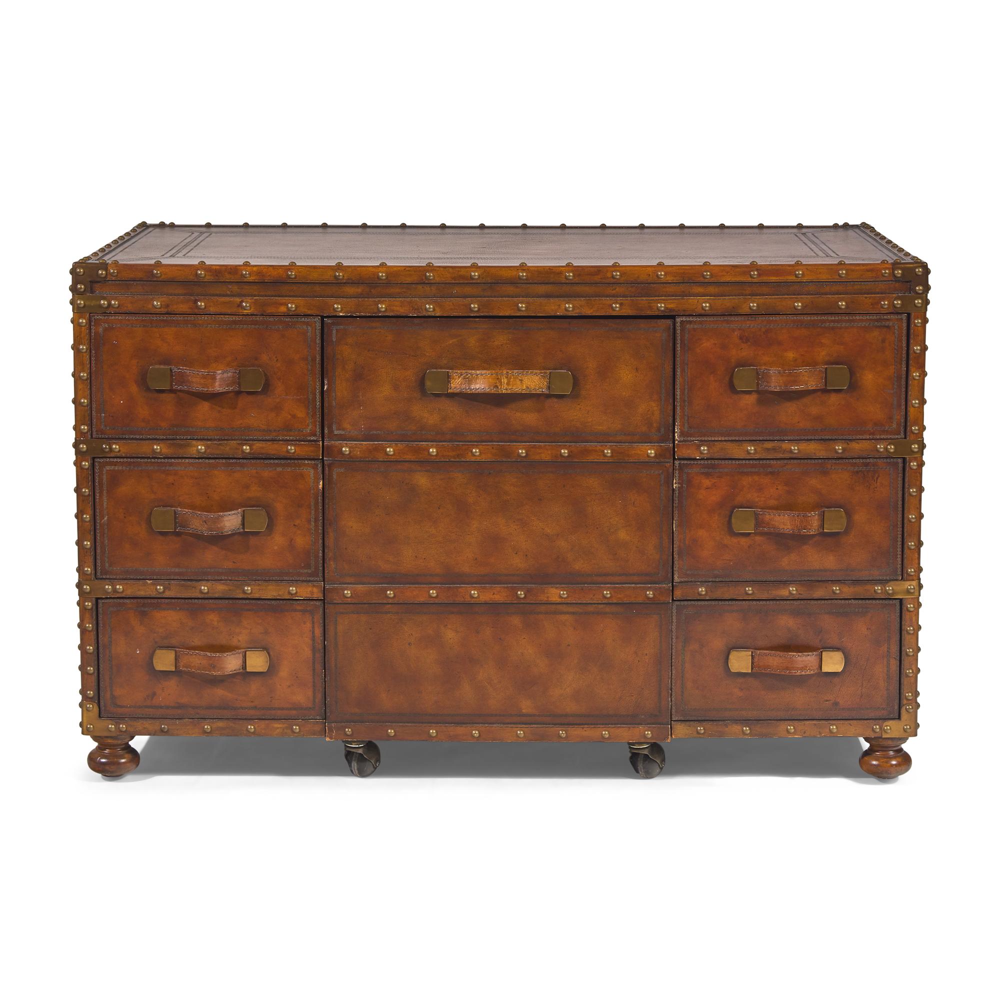 A Leather and Brass Studded Campaign-Chest Form Desk and Chair Set