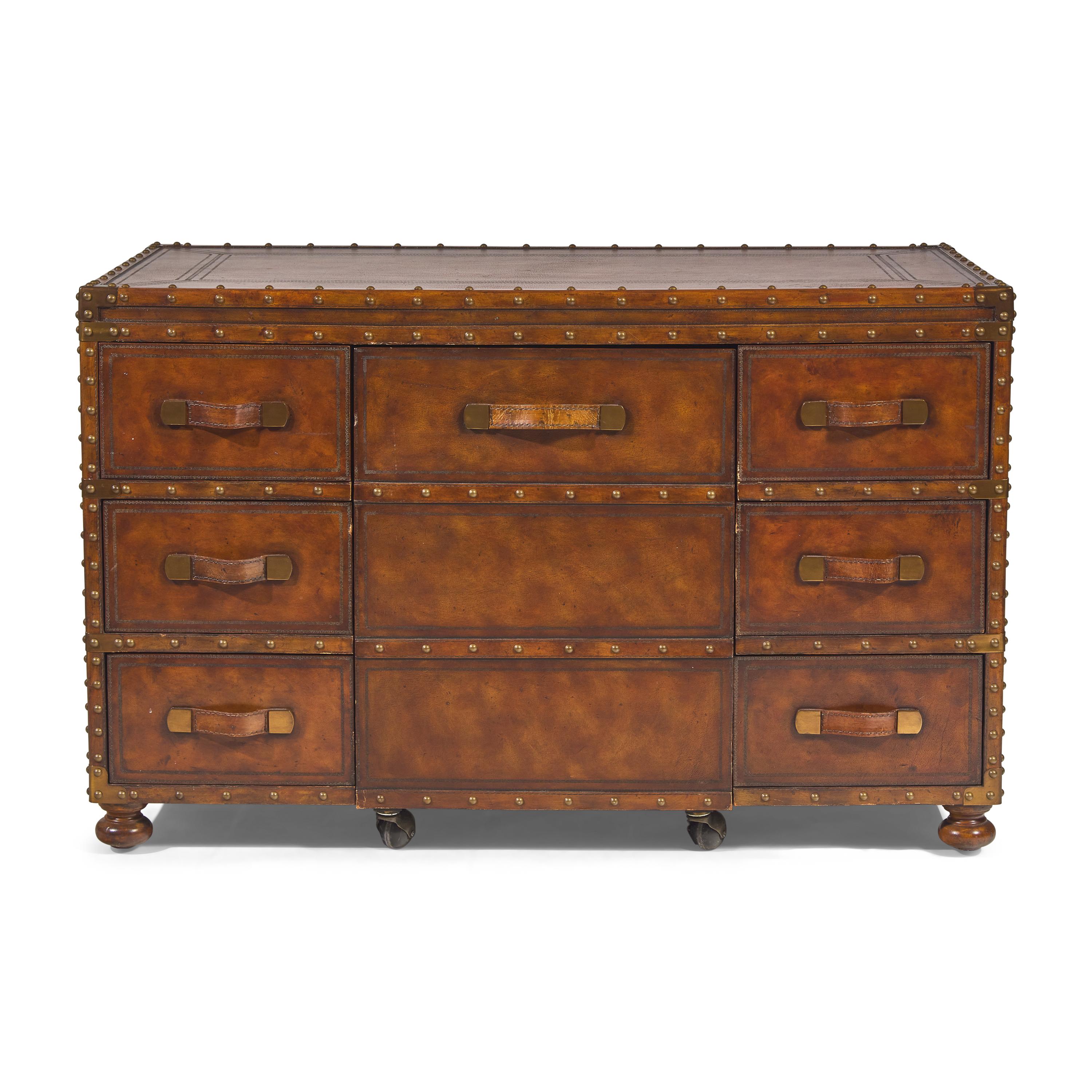 A Leather and Brass Studded Campaign-Chest Form Desk and Chair Set