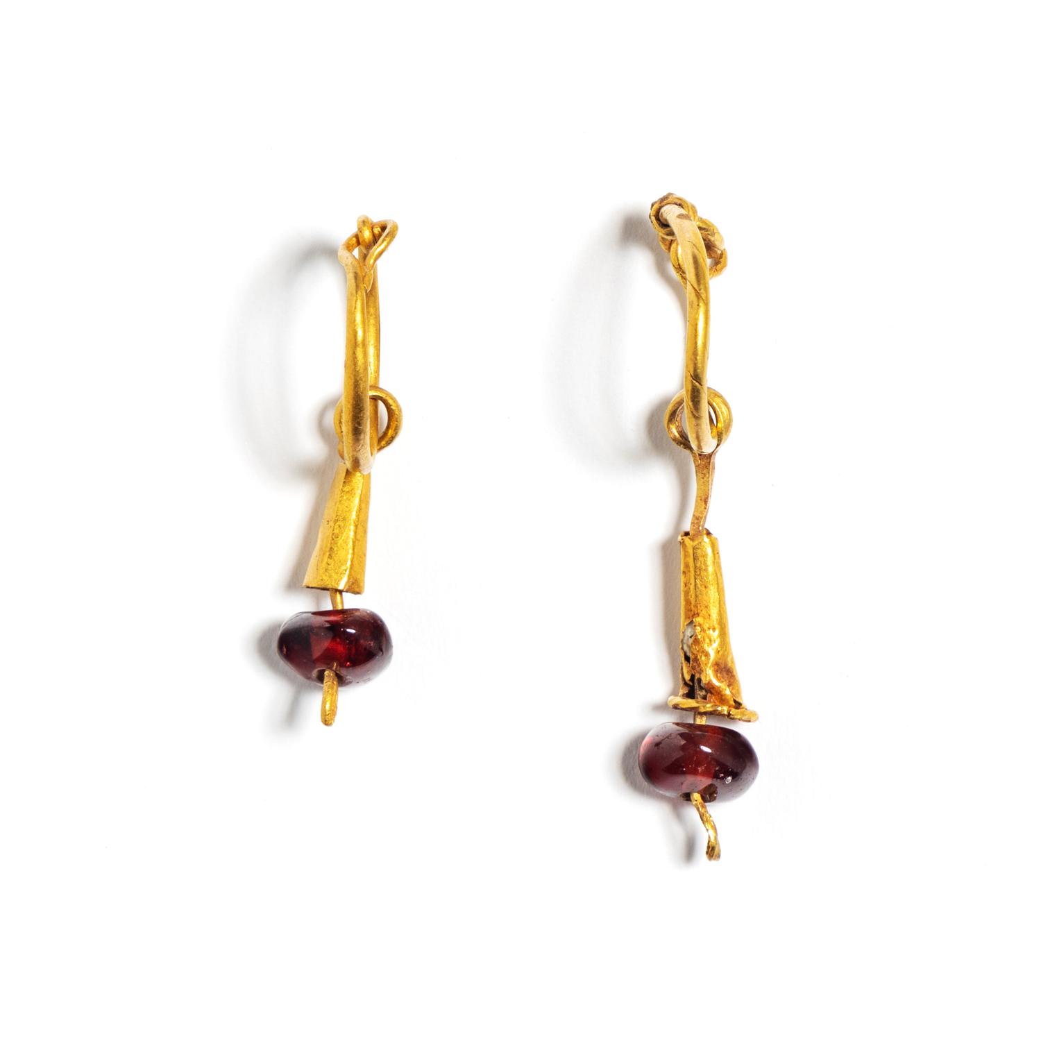 Two East Roman Gold and Garnet Hoop Earrings