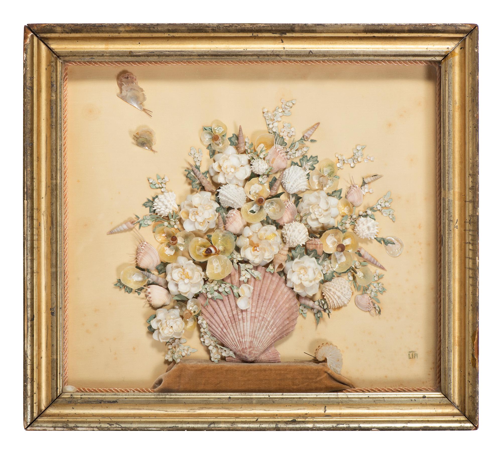 A Shellwork Composition Depicting a Floral Bouquet and Butterflies
