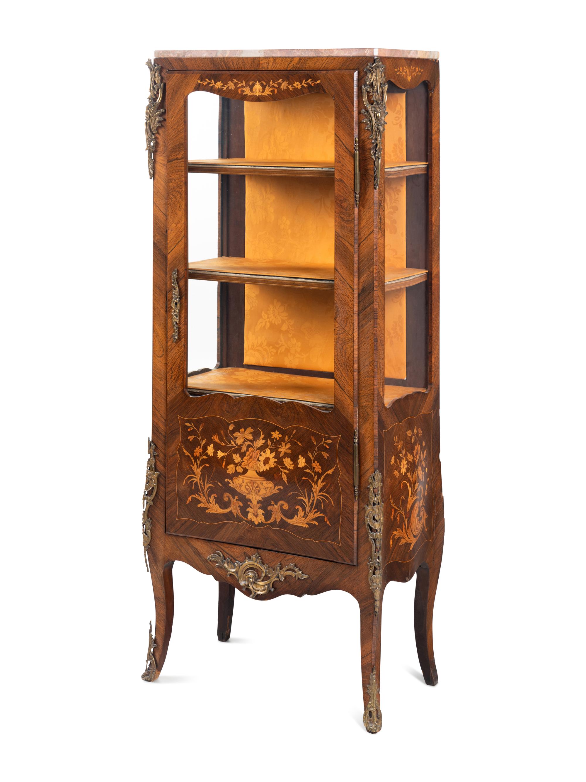 A Louis XV Style Gilt Metal Mounted Marquetry Marble-Top Vitrine Cabinet