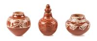 Three Santa Clara Redware Pottery Articles Height of tallest 1 5/8 inches. — Dolores Curran (b. 1954)