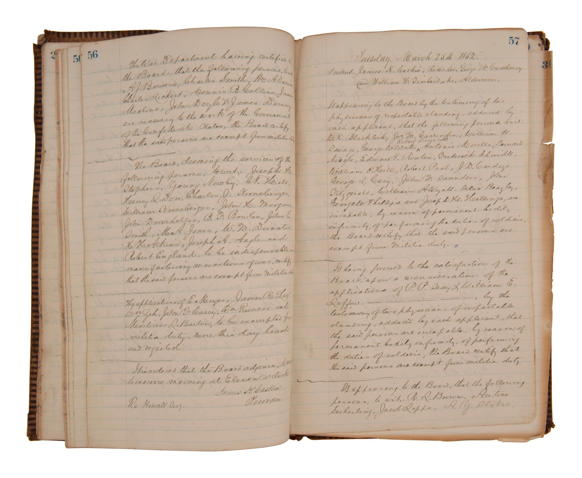 [CIVIL WAR - CONFEDERATE]. Ledger book containing records of military service exemptions and enlistments, Richmond, Virginia, 13-25 March 1862.