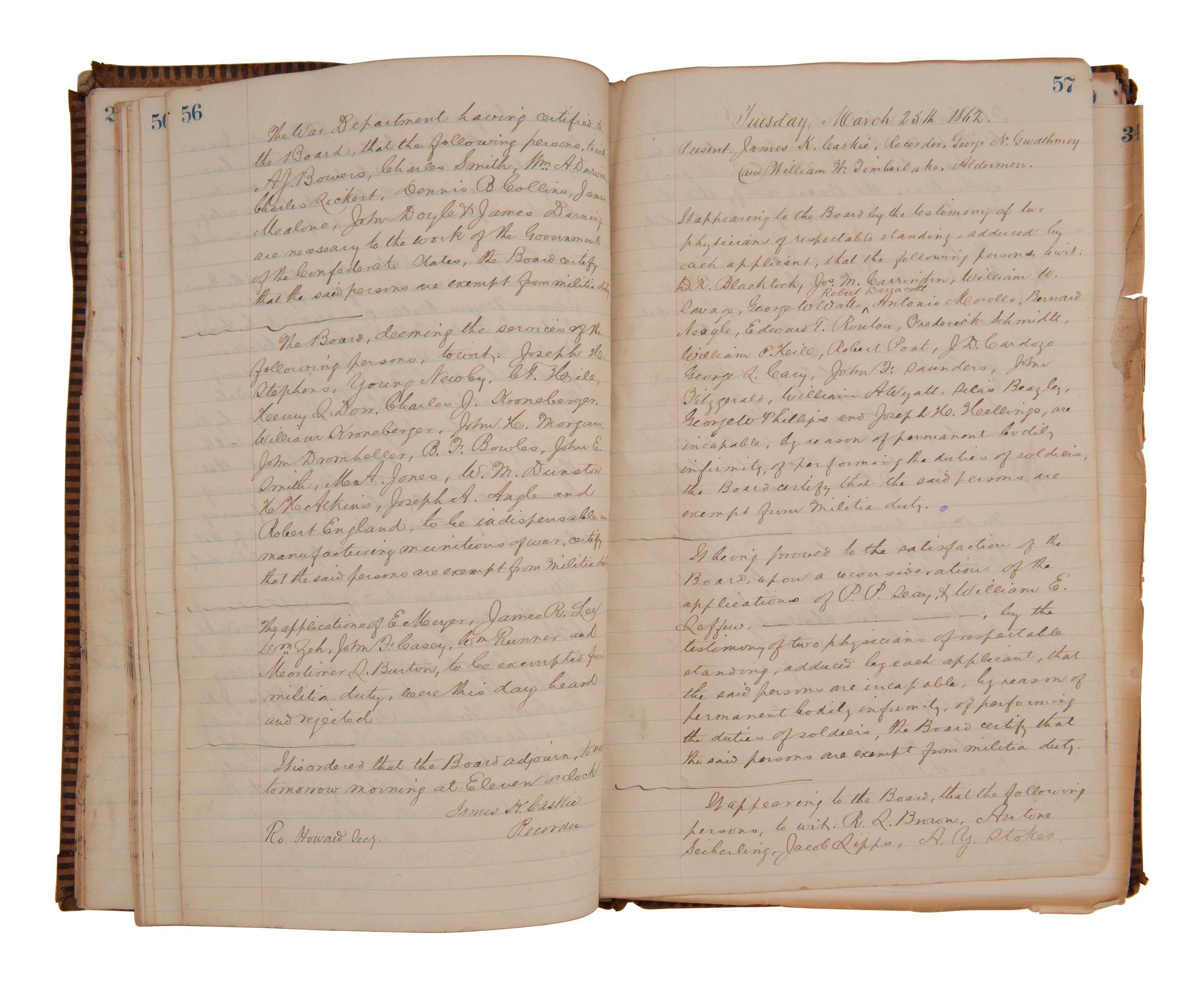 [CIVIL WAR - CONFEDERATE]. Ledger book containing records of military service exemptions and enlistments, Richmond, Virginia, 13-25 March 1862.