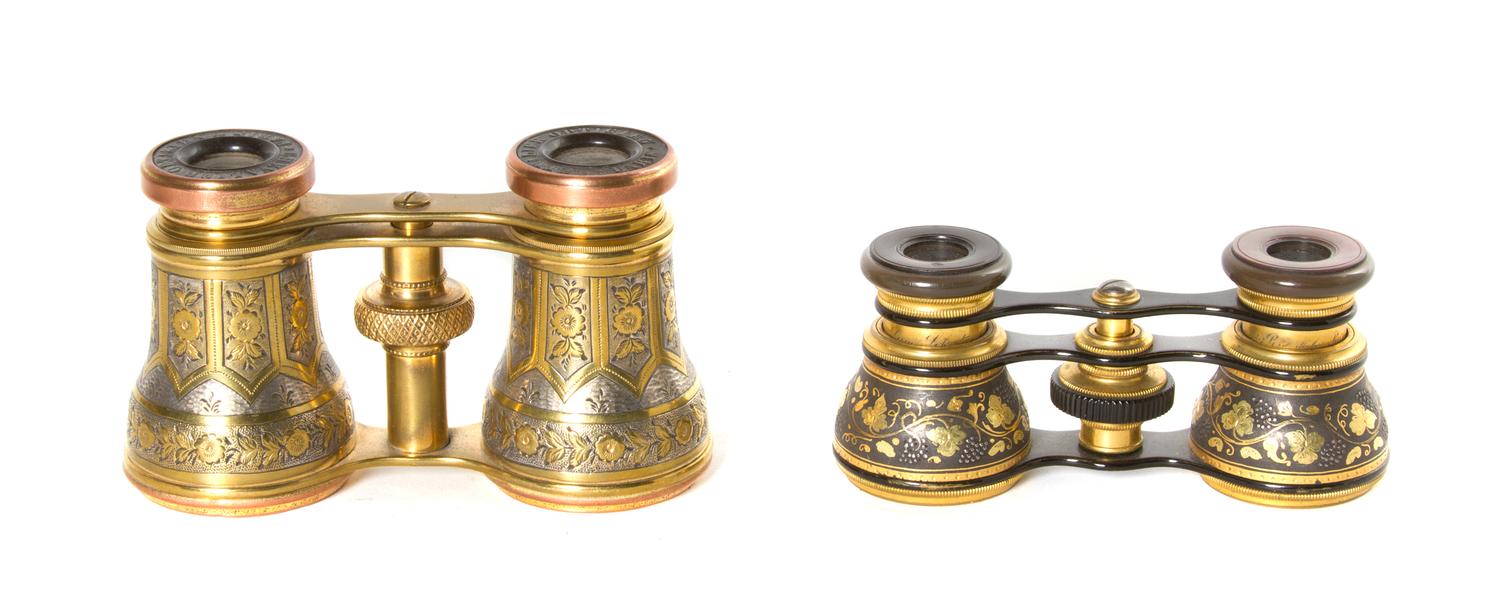 Two Pairs of Mixed Metal Opera Glasses, Width of first 4 inches.