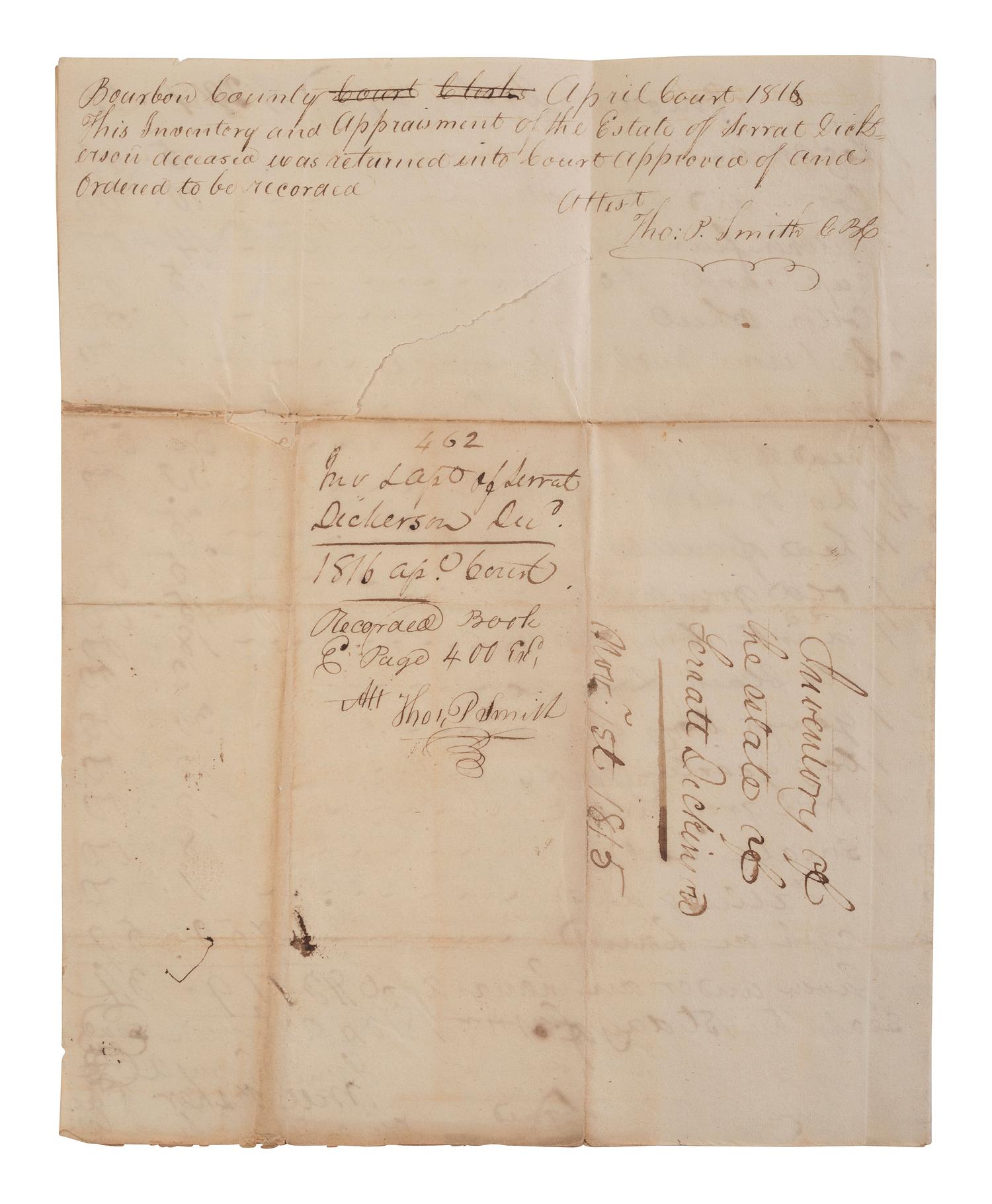 [ENSLAVEMENT & ABOLITION]. A group of 6 estate documents listing individual enslaved persons, most by name. Bourbon County, KY, 1815-1829.