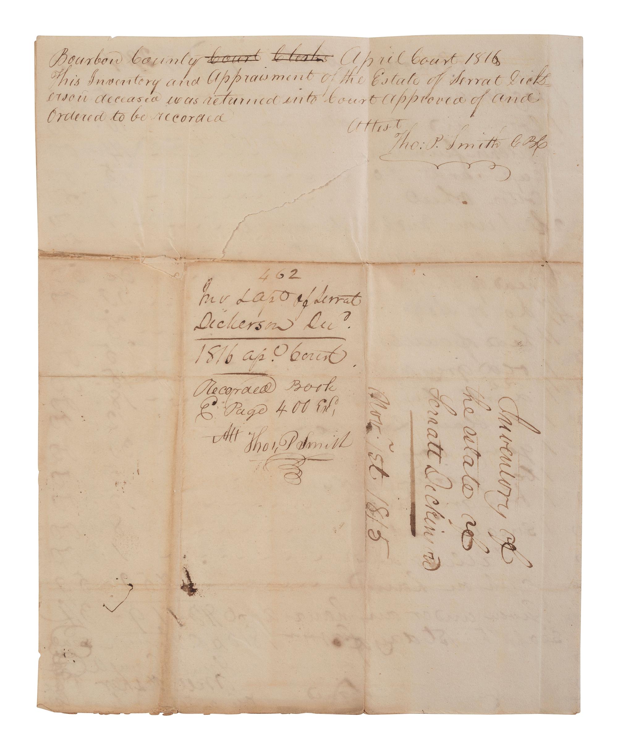 [ENSLAVEMENT & ABOLITION]. A group of 6 estate documents listing individual enslaved persons, most by name. Bourbon County, KY, 1815-1829.