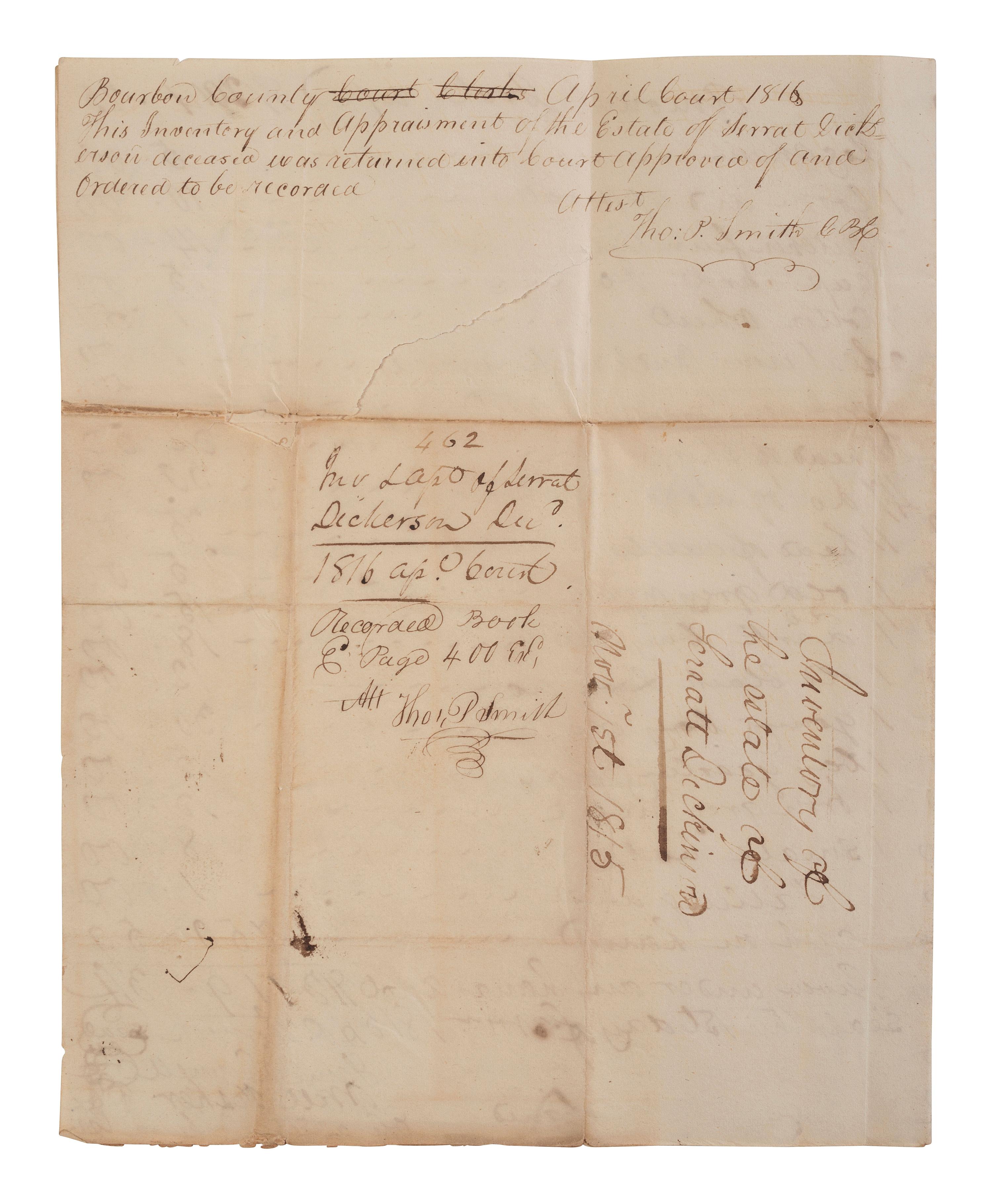 [ENSLAVEMENT & ABOLITION]. A group of 6 estate documents listing individual enslaved persons, most by name. Bourbon County, KY, 1815-1829.
