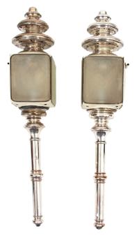 A Pair of Brass and Tin Carriage Lamps Height 37 x width 7 x depth 7 inches. — WARNER & CO., PHILADELPHIA, 20TH CENTURY